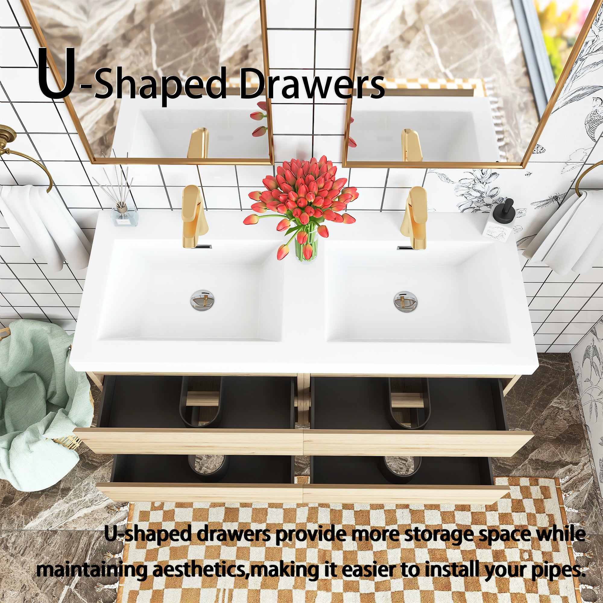 48 inch Wall Mounted Bathroom Vanity Set with Integrated Resin Sink with Drain