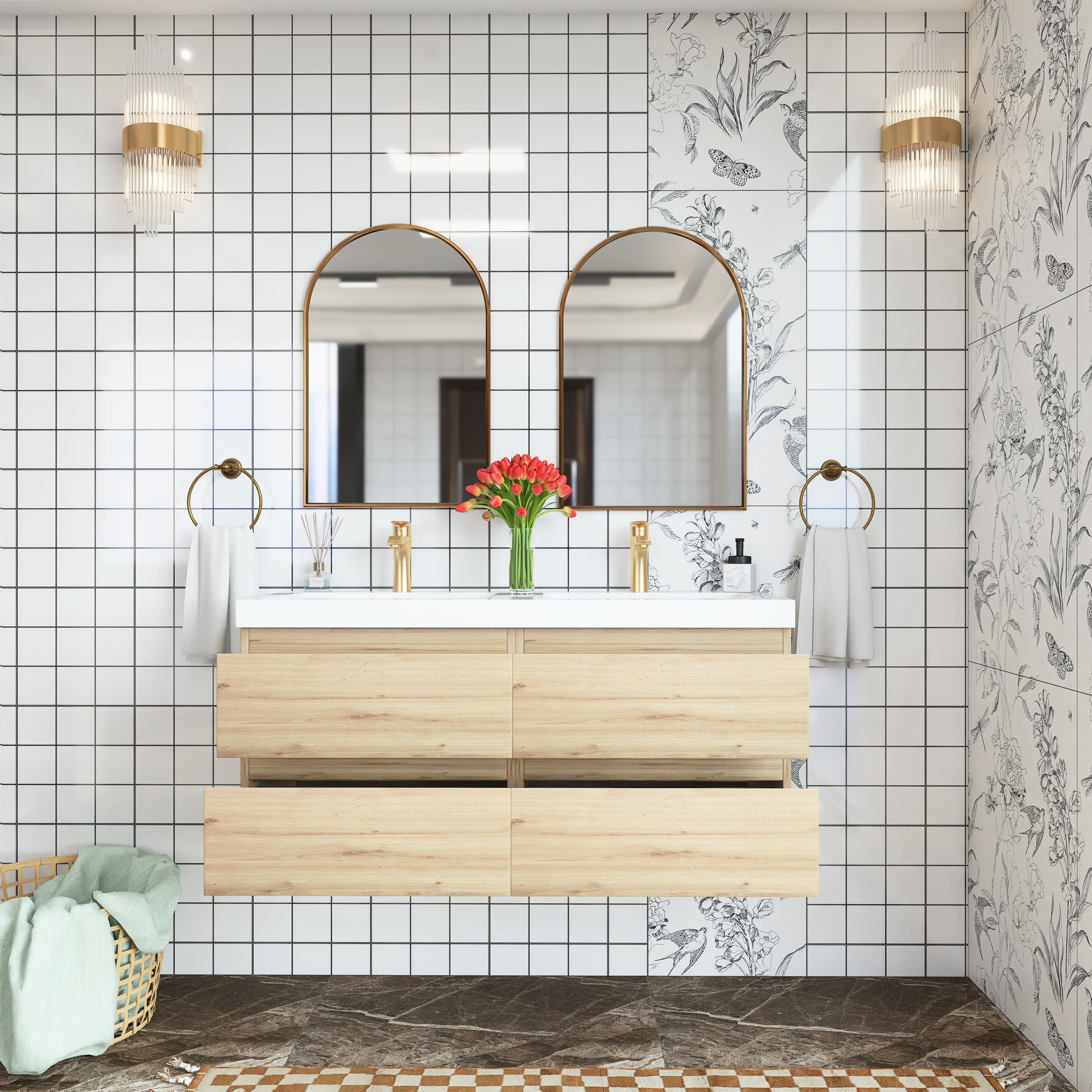 48 inch Wall Mounted Bathroom Vanity Set with Integrated Resin Sink with Drain