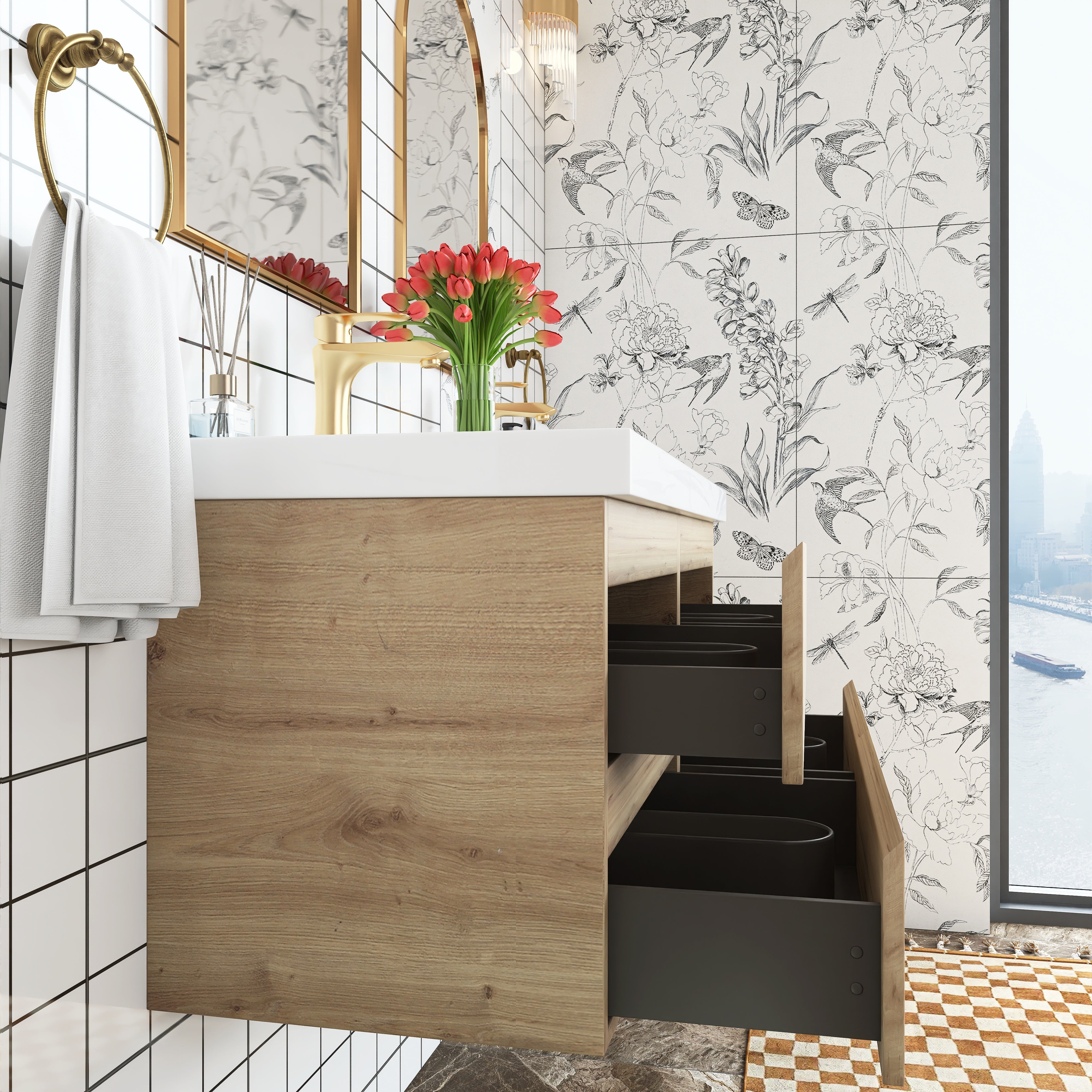 48 inch Wall Mounted Bathroom Vanity Set with Integrated Resin Sink with Drain