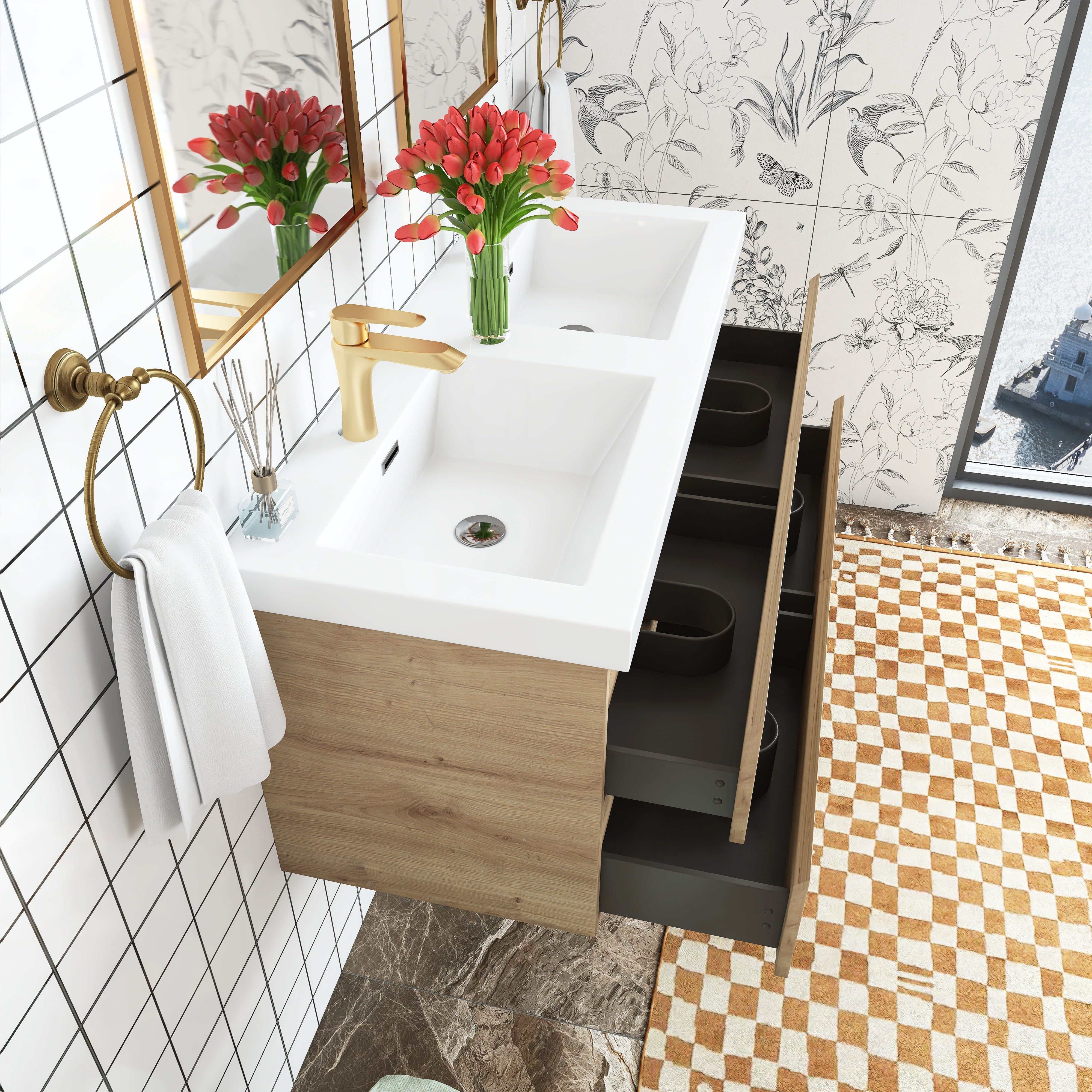 48 inch Wall Mounted Bathroom Vanity Set with Integrated Resin Sink with Drain