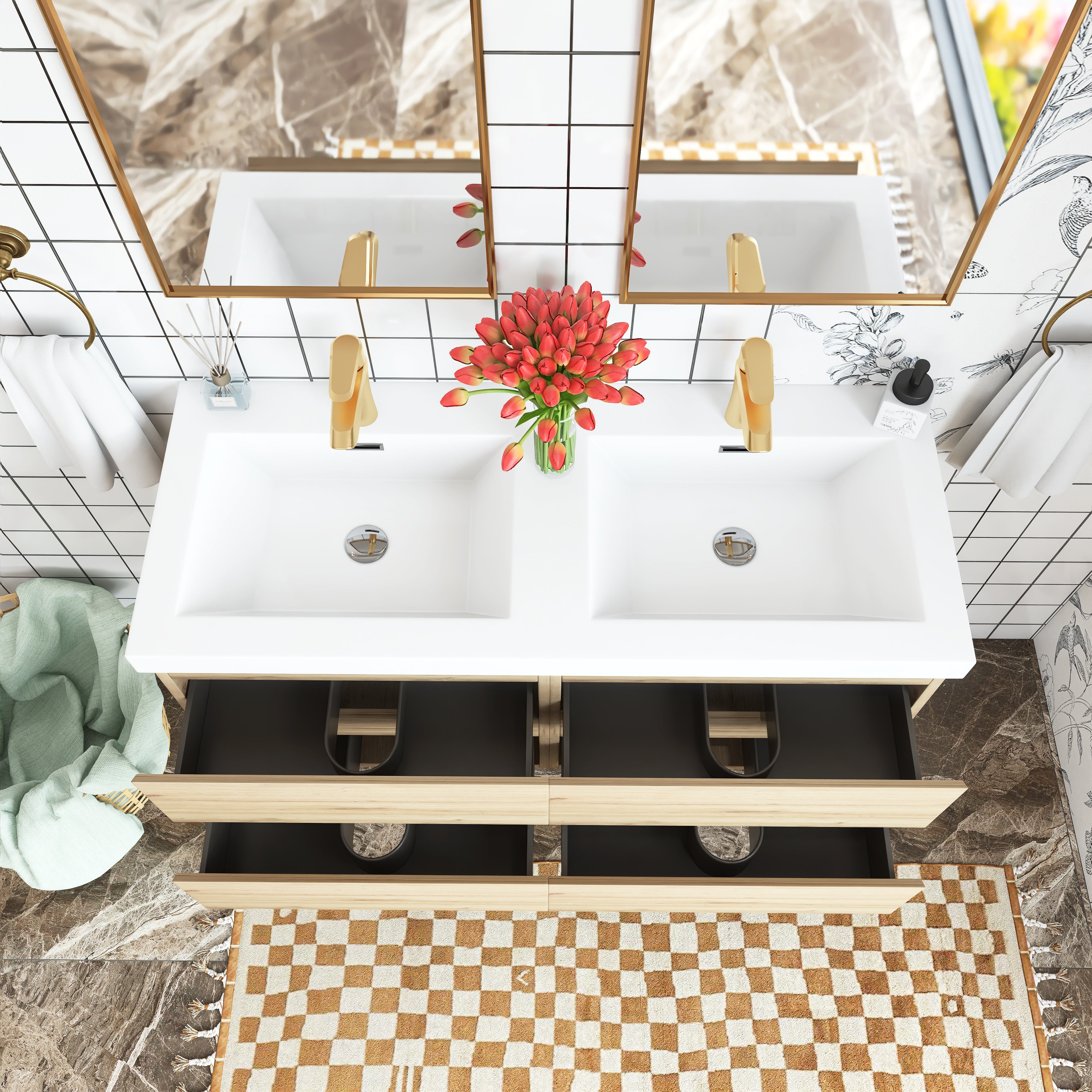 48 inch Wall Mounted Bathroom Vanity Set with Integrated Resin Sink with Drain