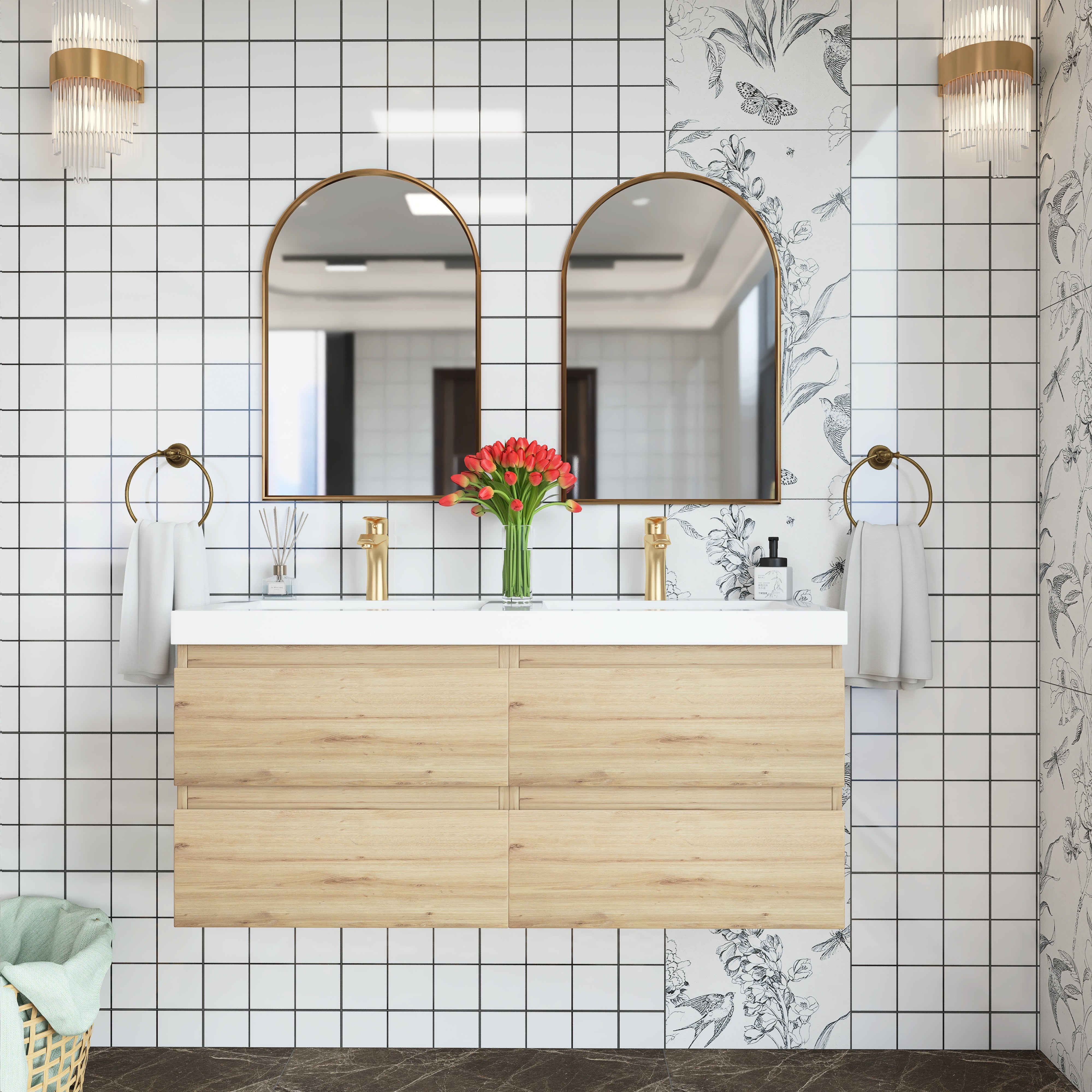 48 inch Wall Mounted Bathroom Vanity Set with Integrated Resin Sink with Drain