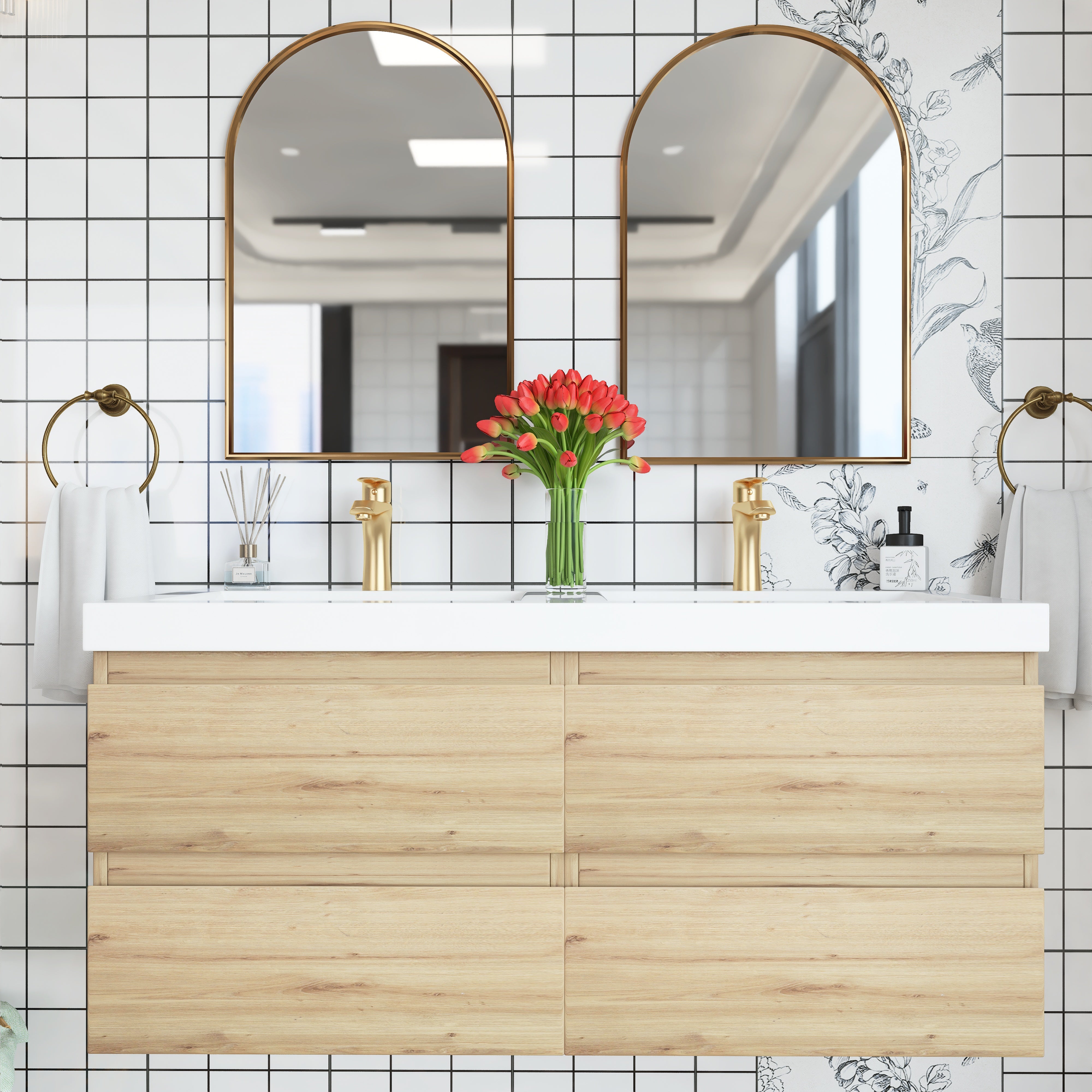 48 inch Wall Mounted Bathroom Vanity Set with Integrated Resin Sink with Drain