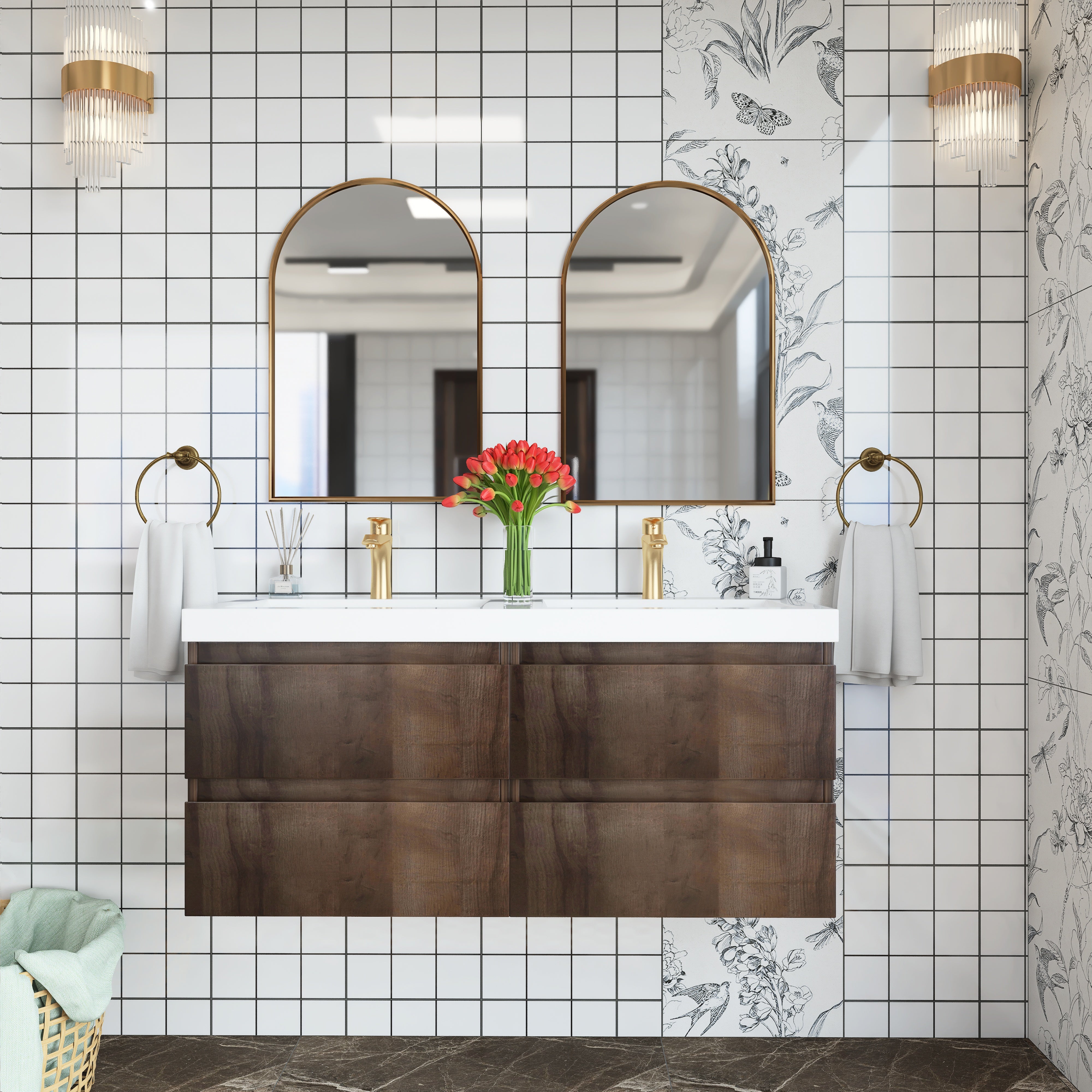48 inch Wall Mounted Bathroom Vanity Set with Integrated Resin Sink with Drain