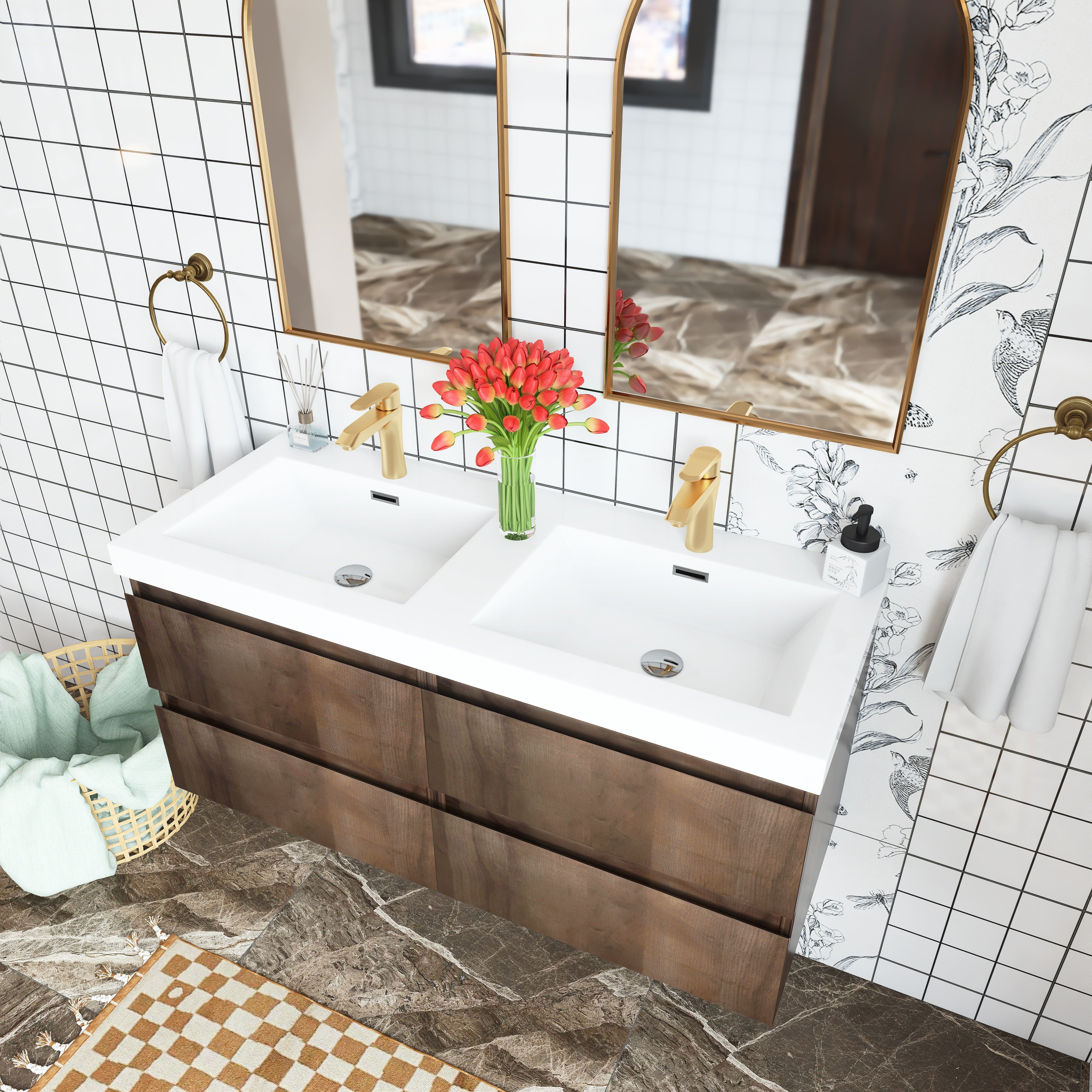 48 inch Wall Mounted Bathroom Vanity Set with Integrated Resin Sink with Drain