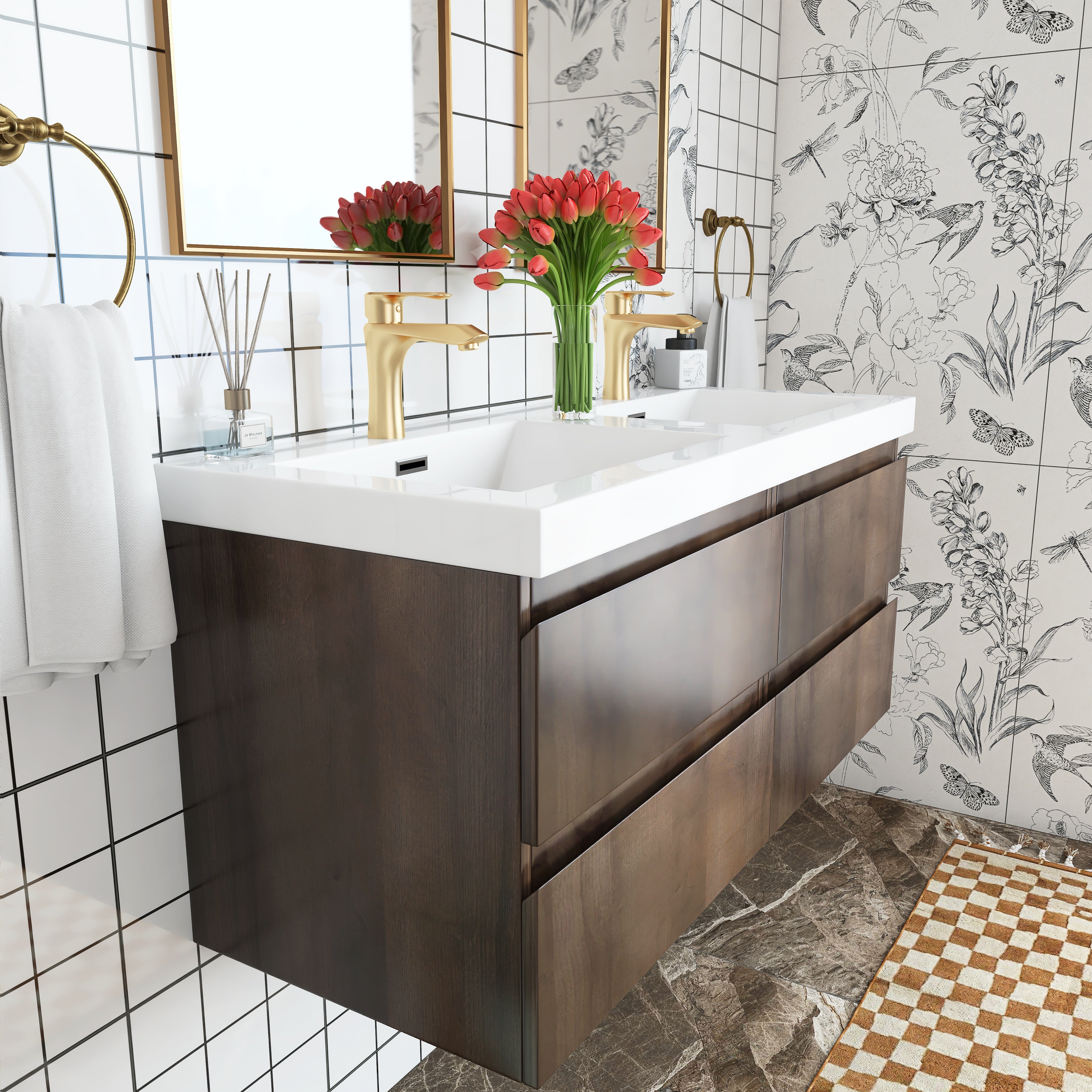 48 inch Wall Mounted Bathroom Vanity Set with Integrated Resin Sink with Drain