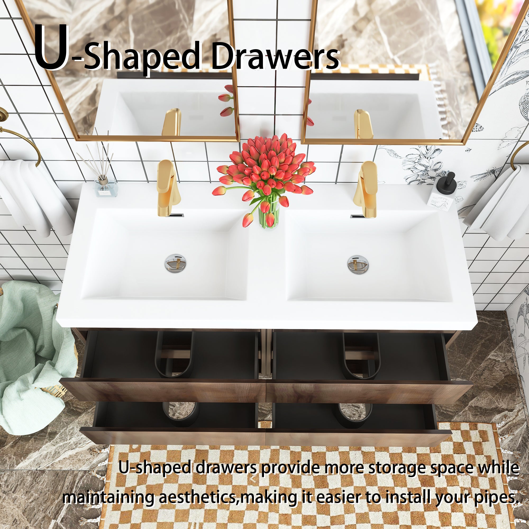 48 inch Wall Mounted Bathroom Vanity Set with Integrated Resin Sink with Drain