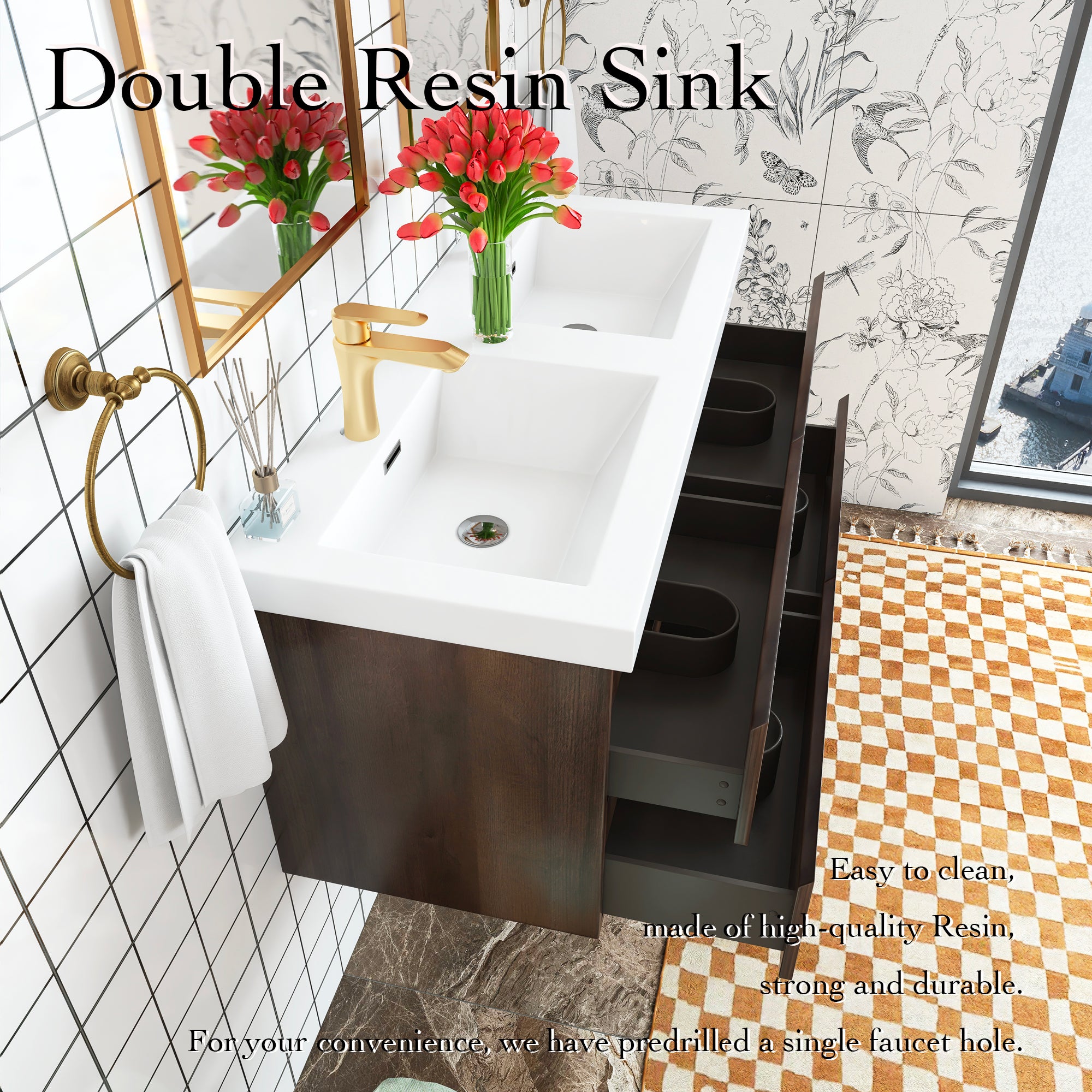 48 inch Wall Mounted Bathroom Vanity Set with Integrated Resin Sink with Drain