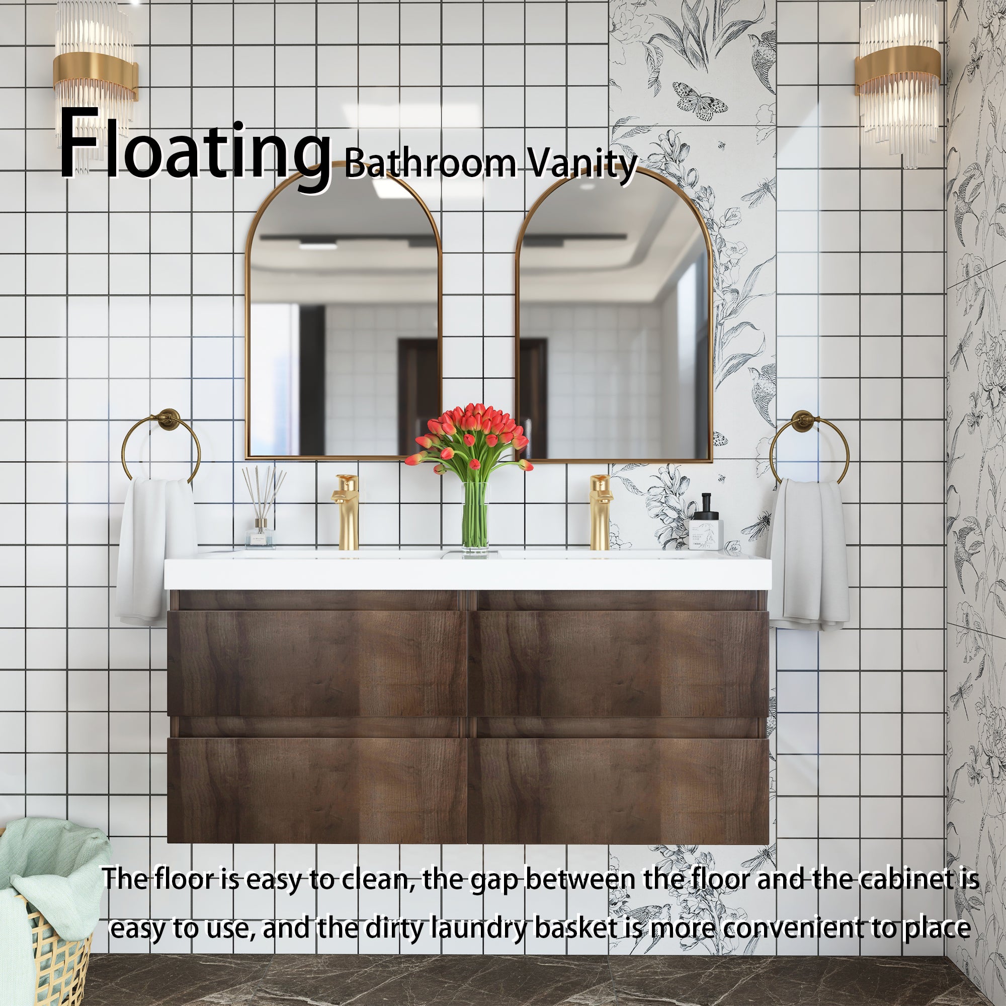 48 inch Wall Mounted Bathroom Vanity Set with Integrated Resin Sink with Drain