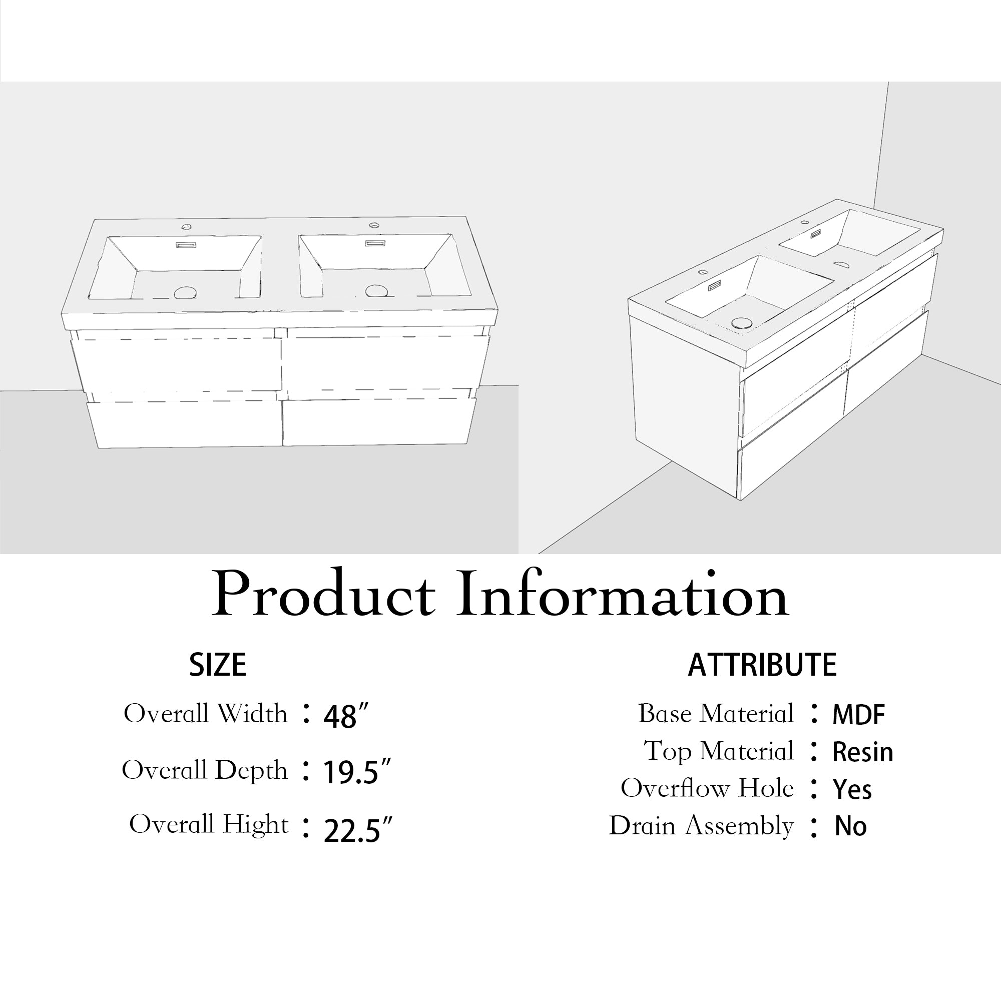 48 inch Wall Mounted Bathroom Vanity Set with Integrated Resin Sink with Drain