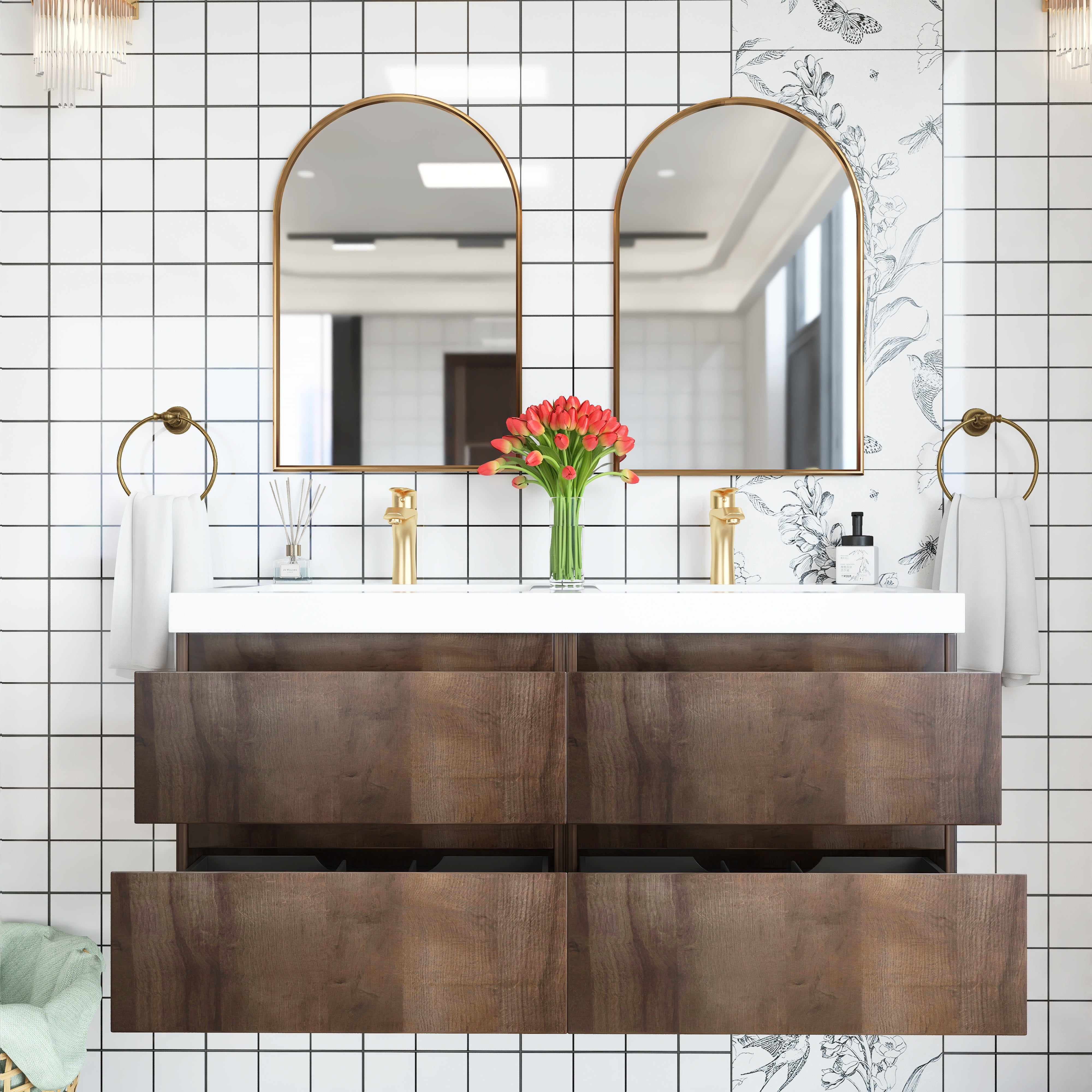 48 inch Wall Mounted Bathroom Vanity Set with Integrated Resin Sink with Drain