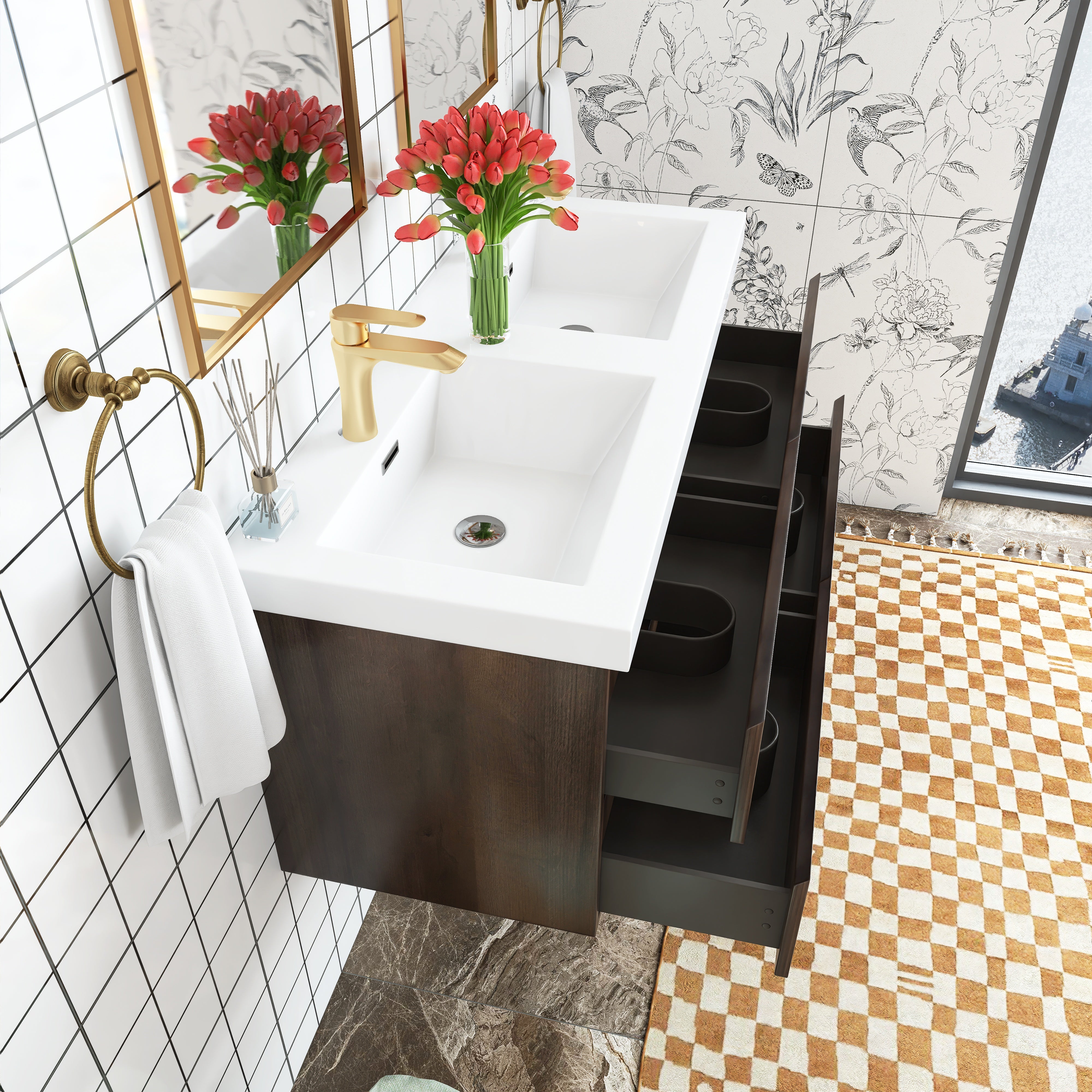 48 inch Wall Mounted Bathroom Vanity Set with Integrated Resin Sink with Drain
