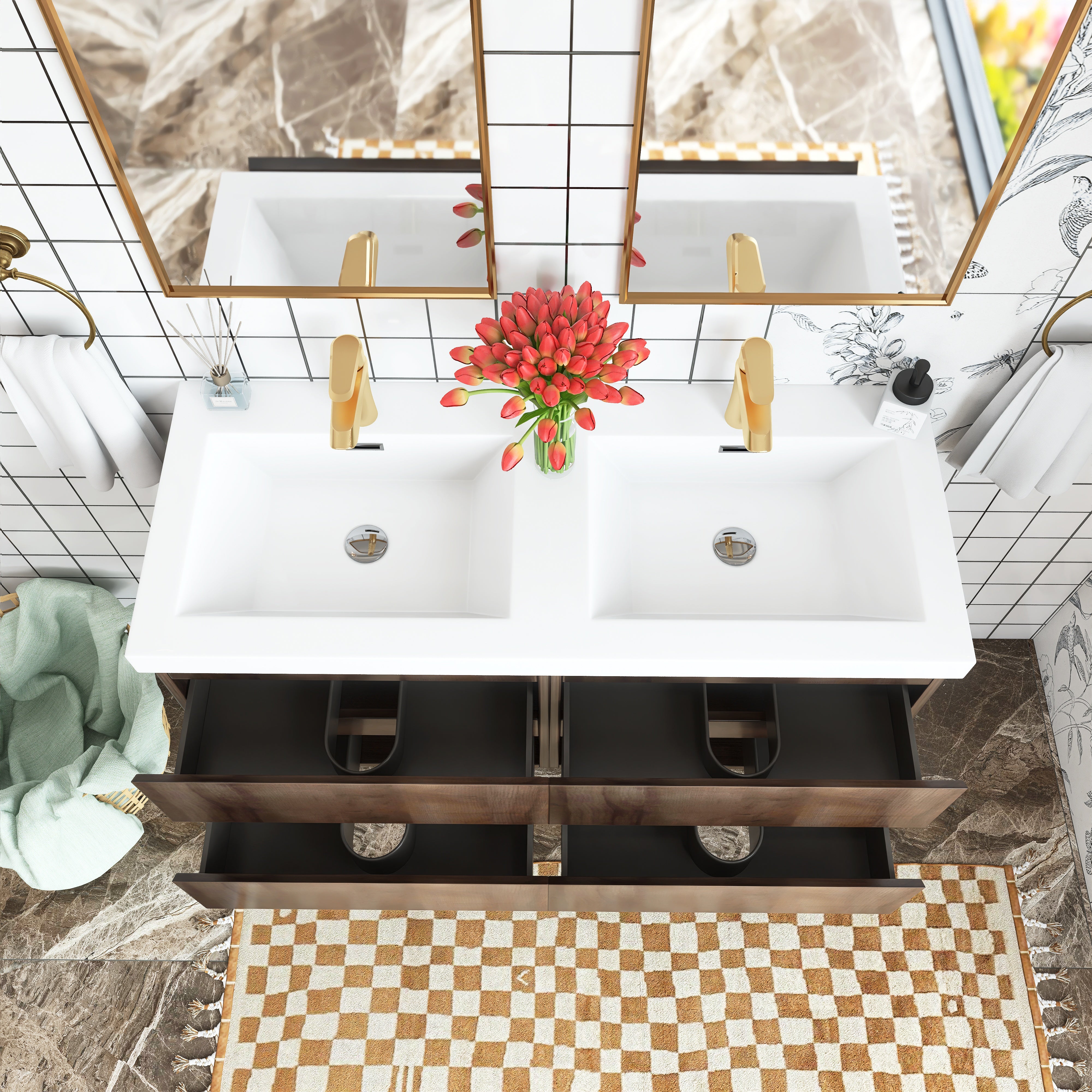 48 inch Wall Mounted Bathroom Vanity Set with Integrated Resin Sink with Drain