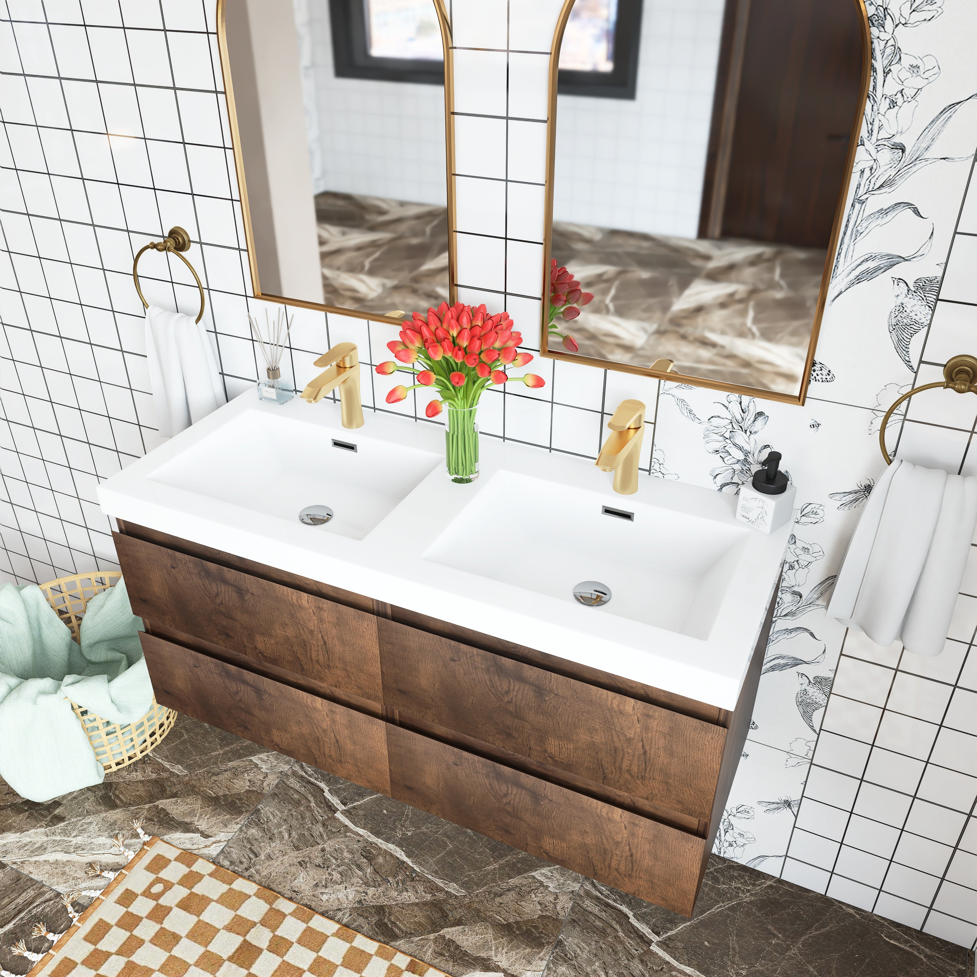 48 inch Wall Mounted Bathroom Vanity Set with Integrated Resin Sink with Drain