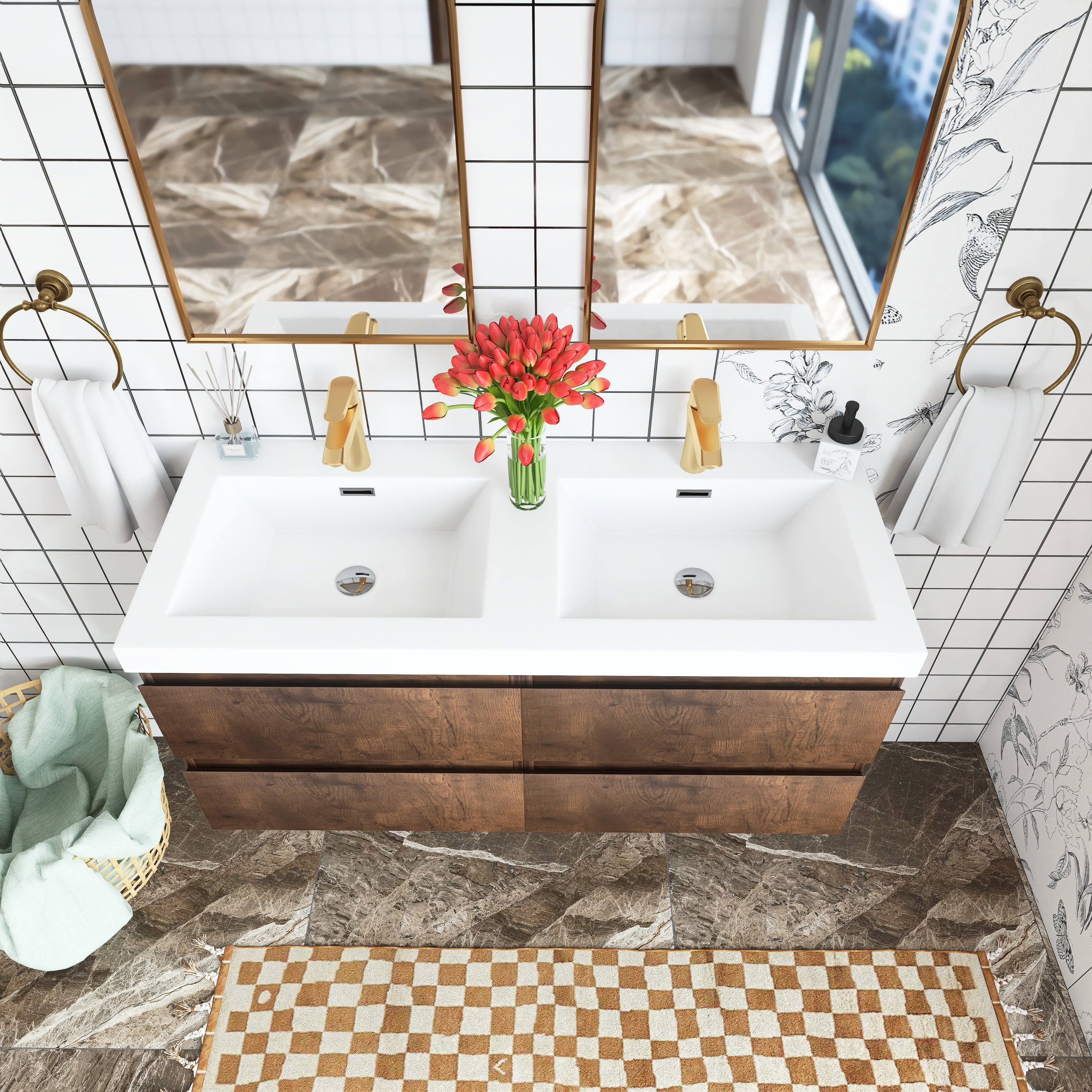 48 inch Wall Mounted Bathroom Vanity Set with Integrated Resin Sink with Drain