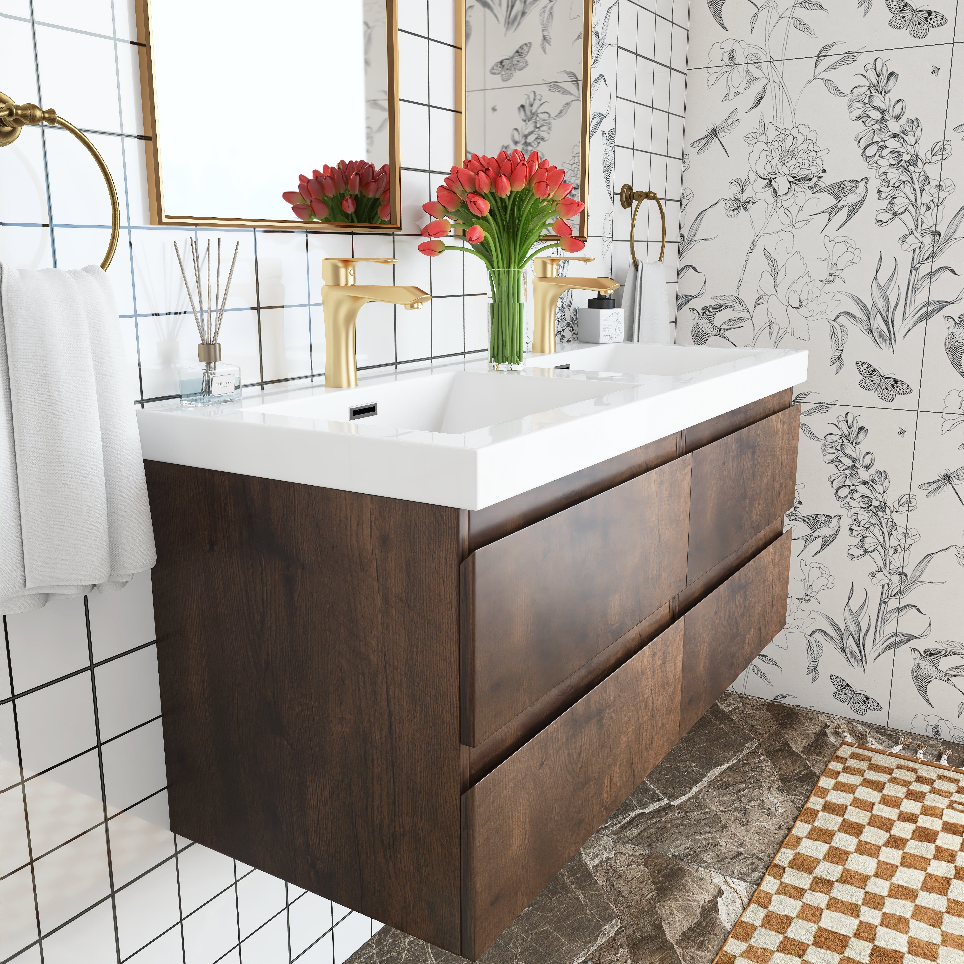 48 inch Wall Mounted Bathroom Vanity Set with Integrated Resin Sink with Drain