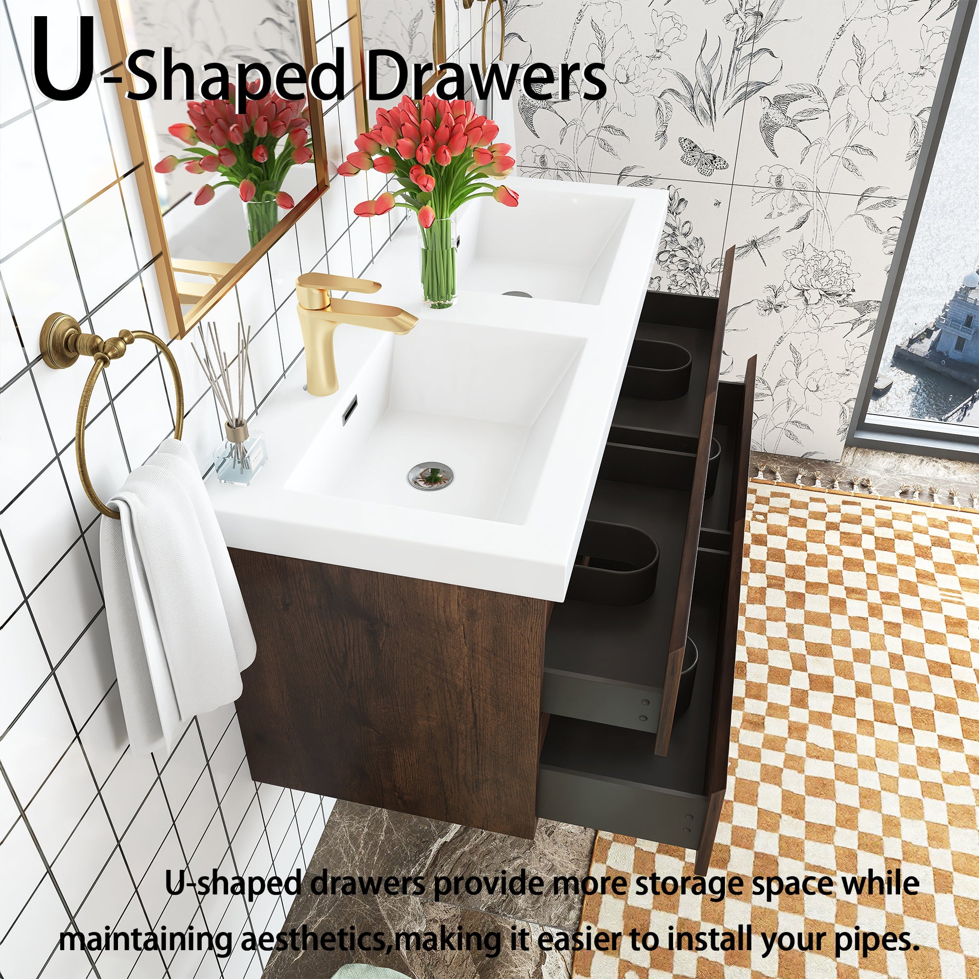 48 inch Wall Mounted Bathroom Vanity Set with Integrated Resin Sink with Drain