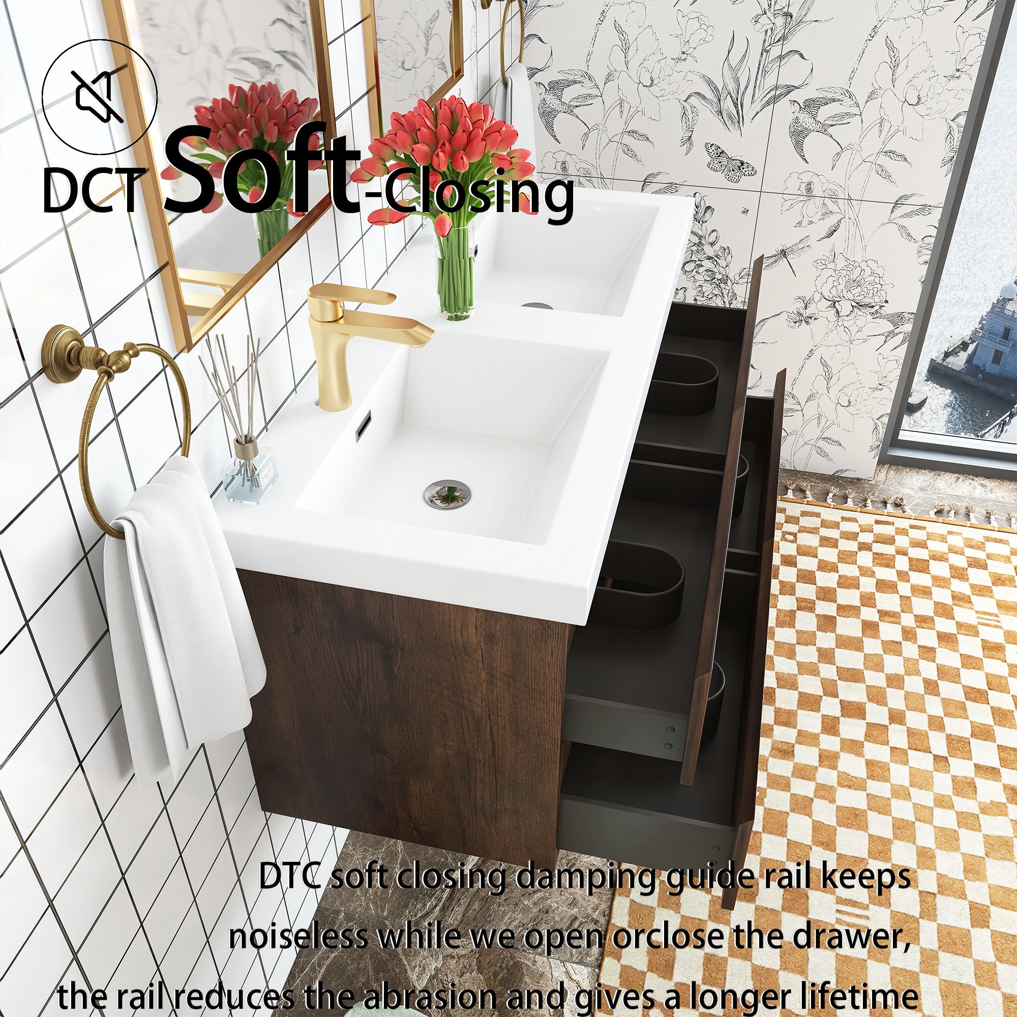 48 inch Wall Mounted Bathroom Vanity Set with Integrated Resin Sink with Drain