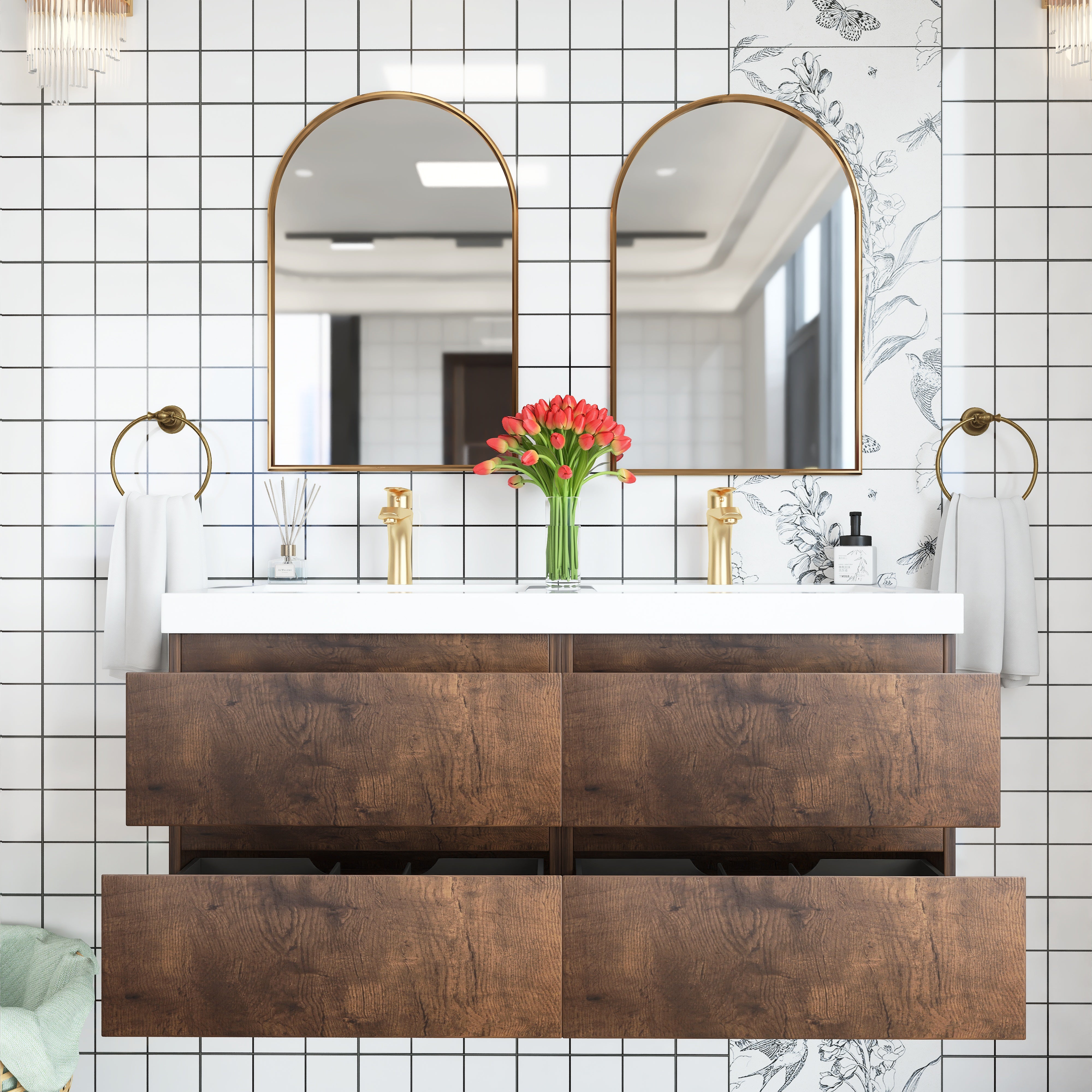 48 inch Wall Mounted Bathroom Vanity Set with Integrated Resin Sink with Drain