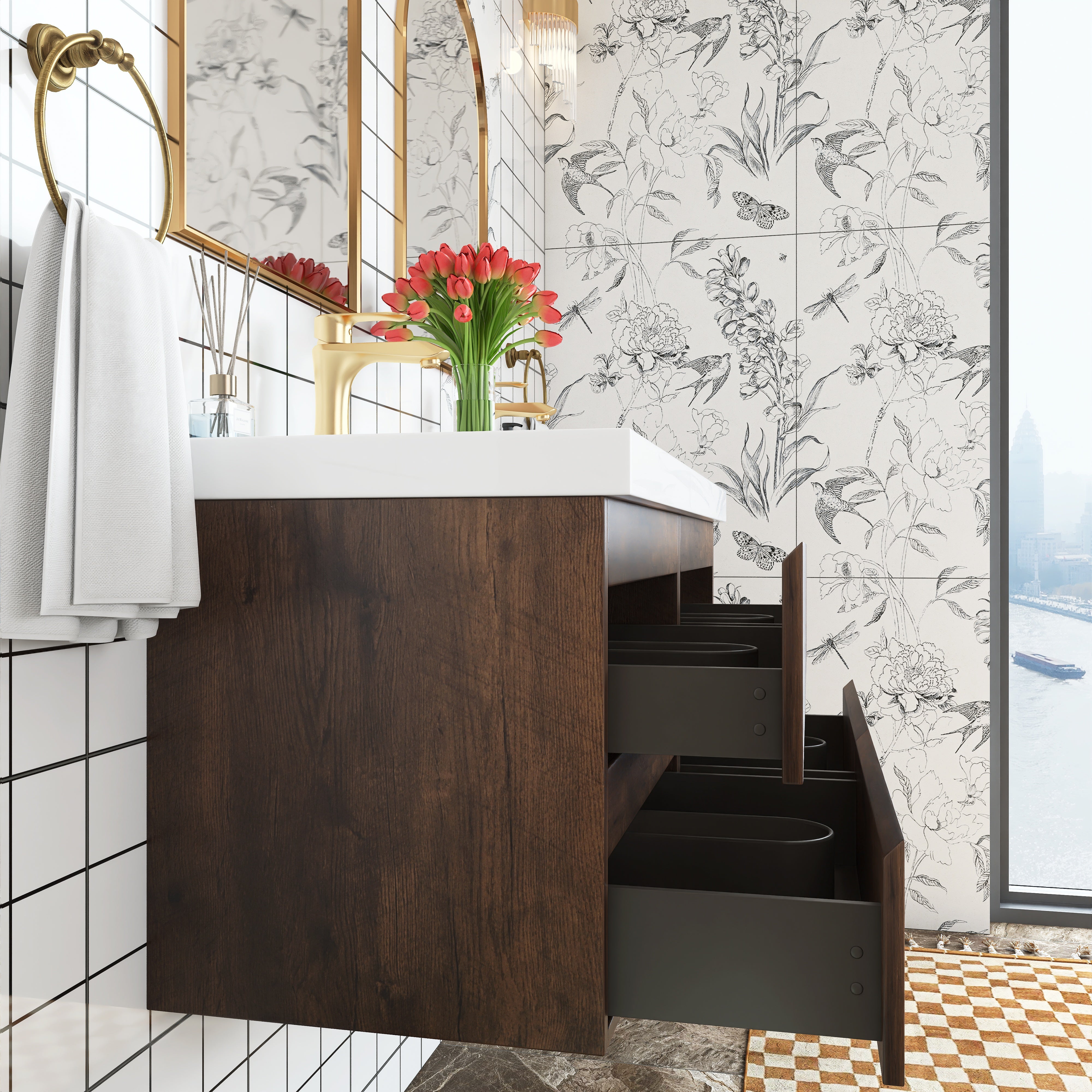 48 inch Wall Mounted Bathroom Vanity Set with Integrated Resin Sink with Drain