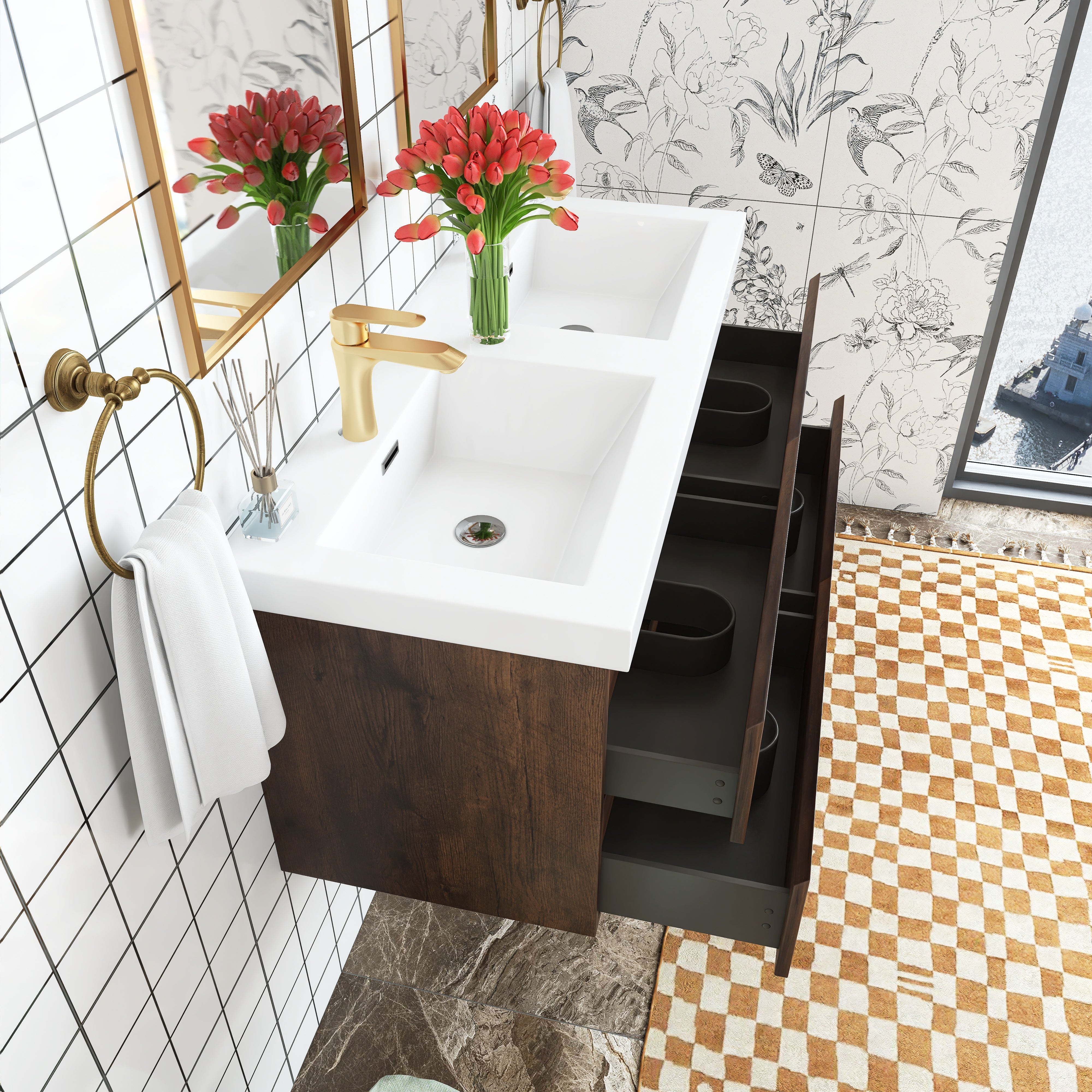 48 inch Wall Mounted Bathroom Vanity Set with Integrated Resin Sink with Drain