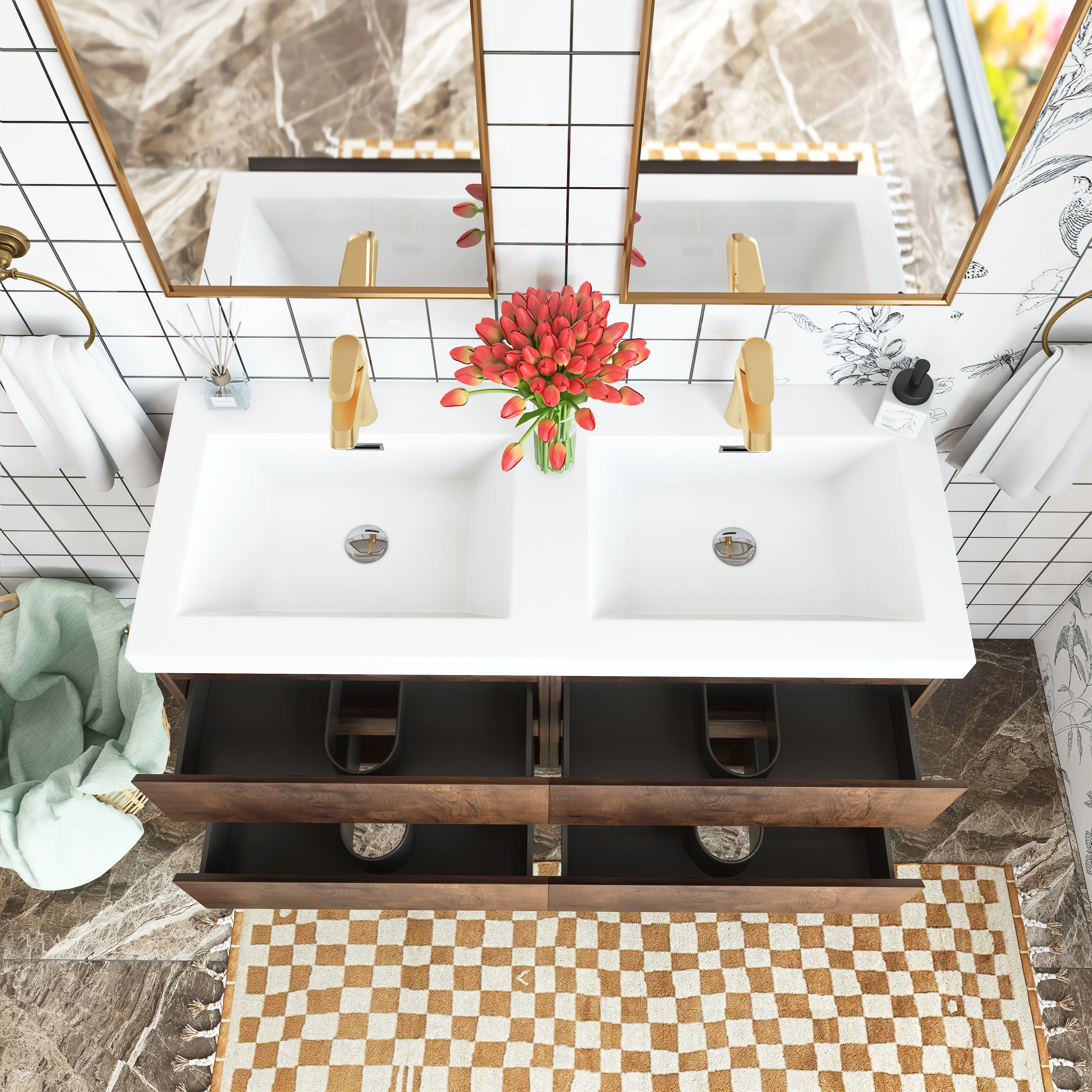 48 inch Wall Mounted Bathroom Vanity Set with Integrated Resin Sink with Drain