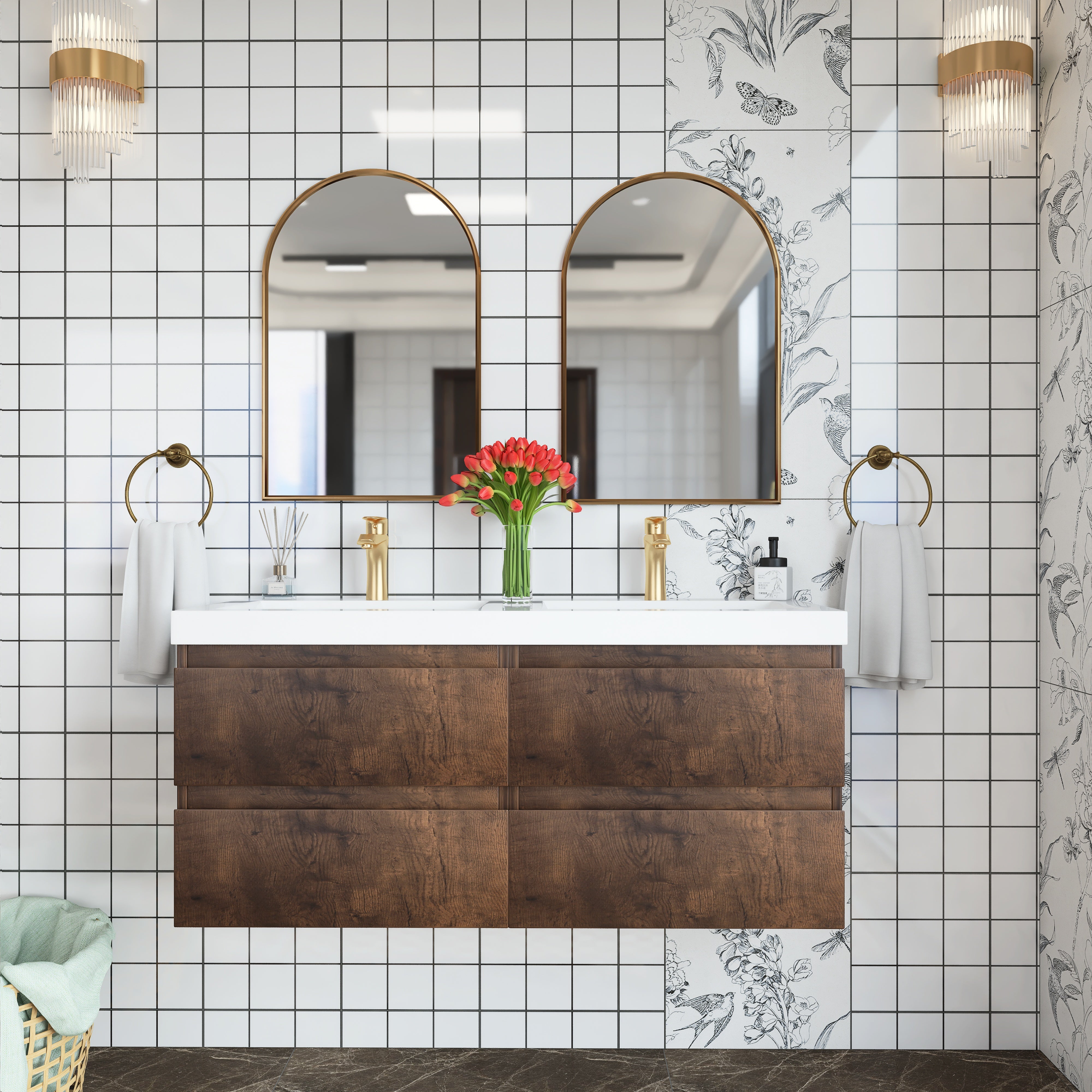 48 inch Wall Mounted Bathroom Vanity Set with Integrated Resin Sink with Drain