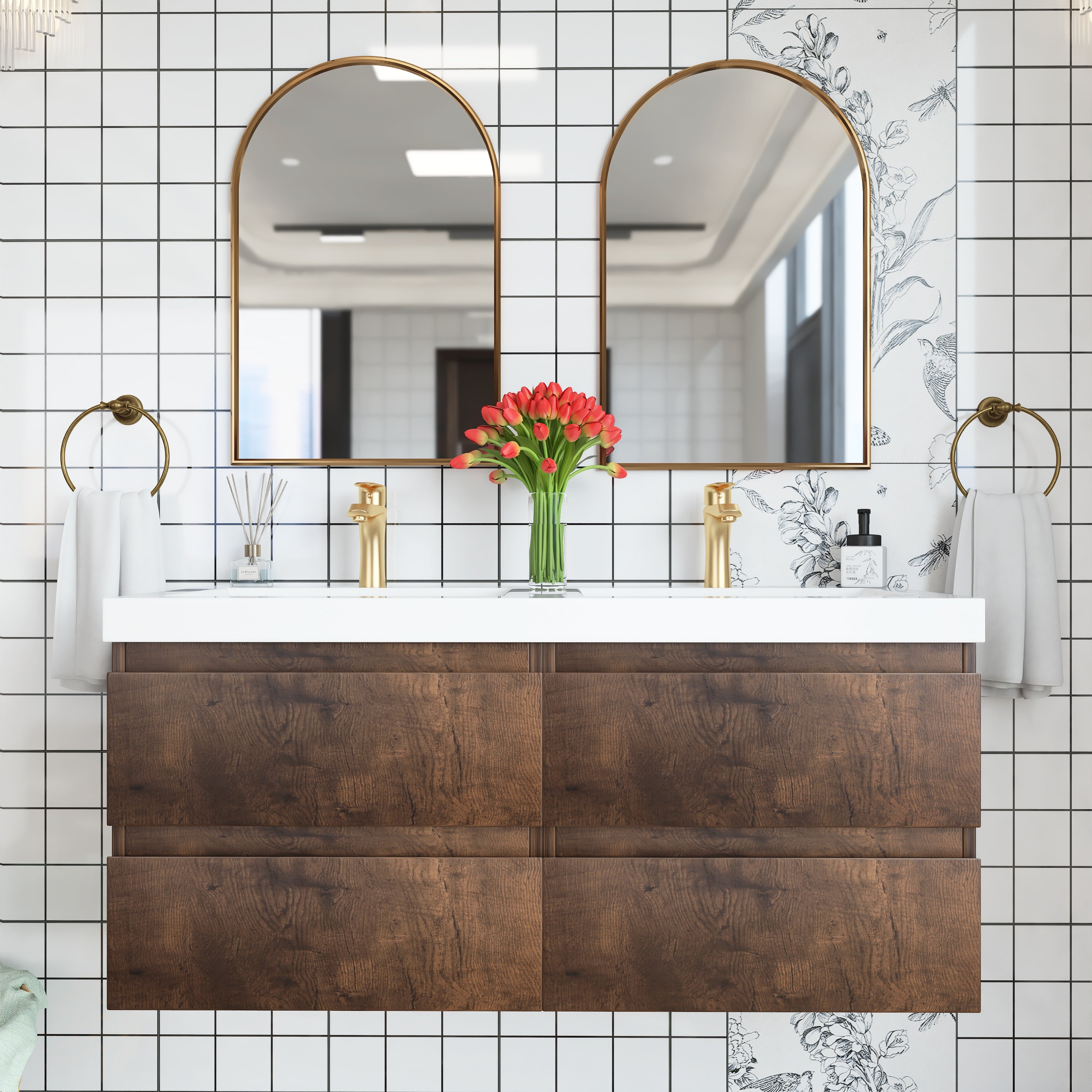 48 inch Wall Mounted Bathroom Vanity Set with Integrated Resin Sink with Drain