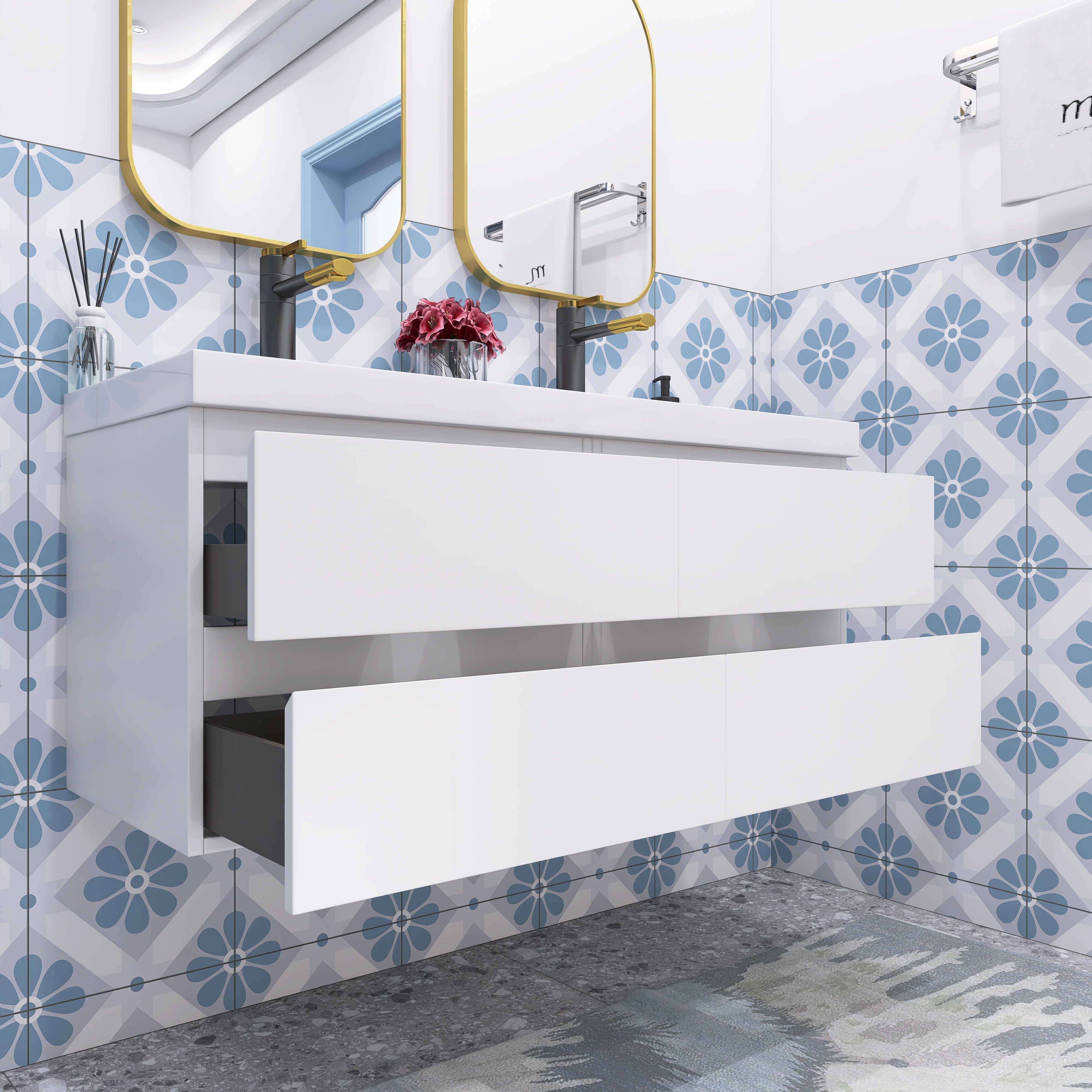 48 inch Wall Mounted Bathroom Vanity Set with Integrated Resin Sink with Drain