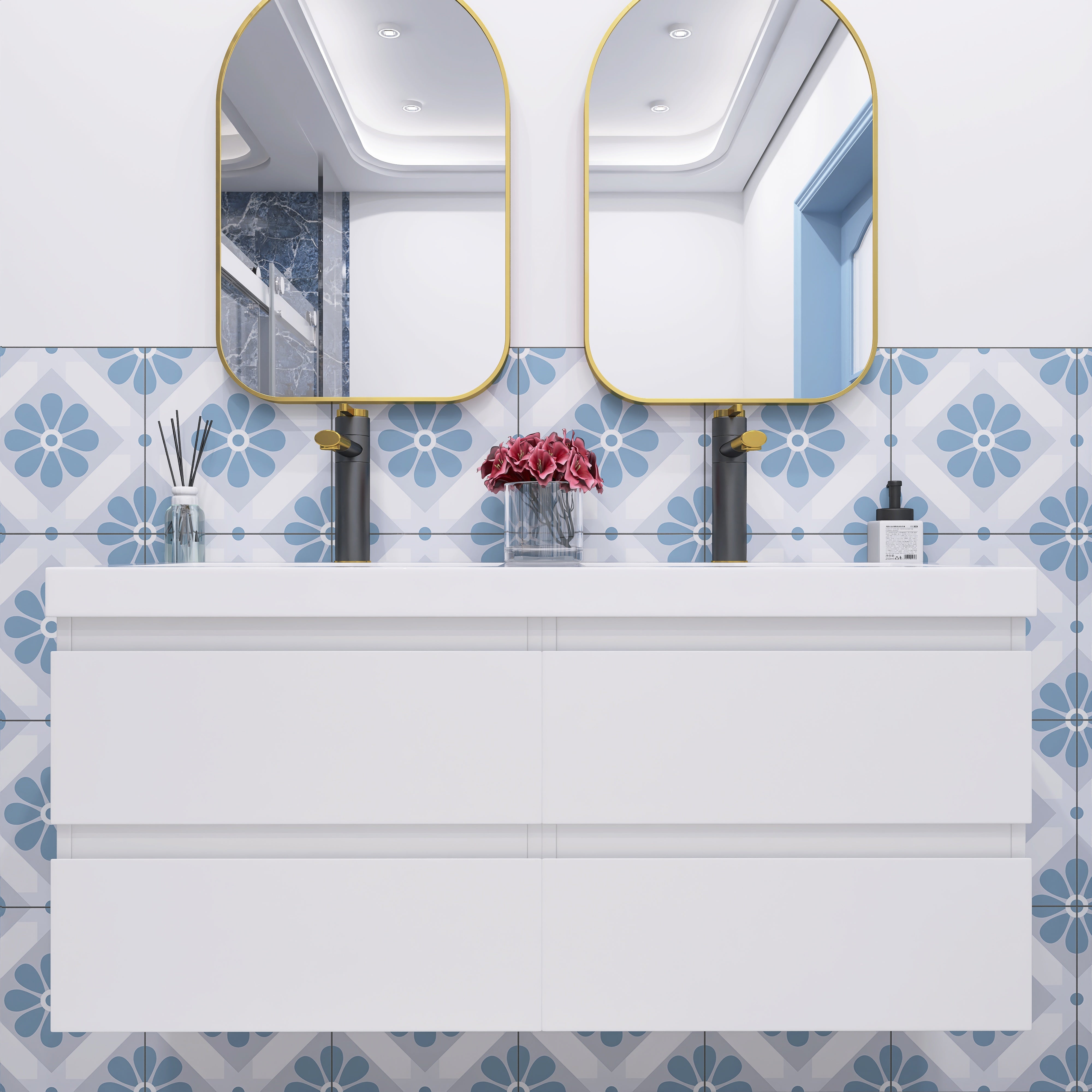 48 inch Wall Mounted Bathroom Vanity Set with Integrated Resin Sink with Drain