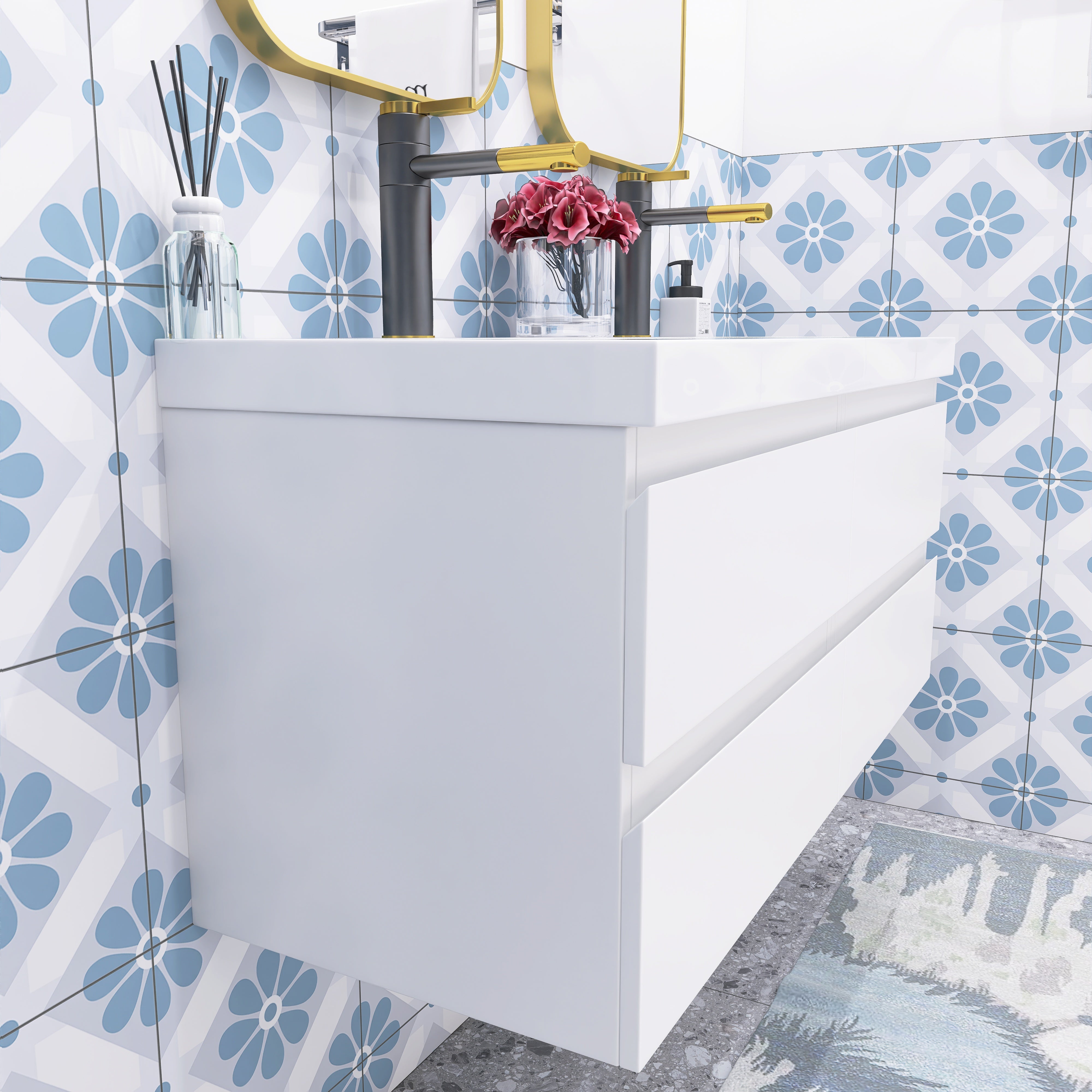 48 inch Wall Mounted Bathroom Vanity Set with Integrated Resin Sink with Drain
