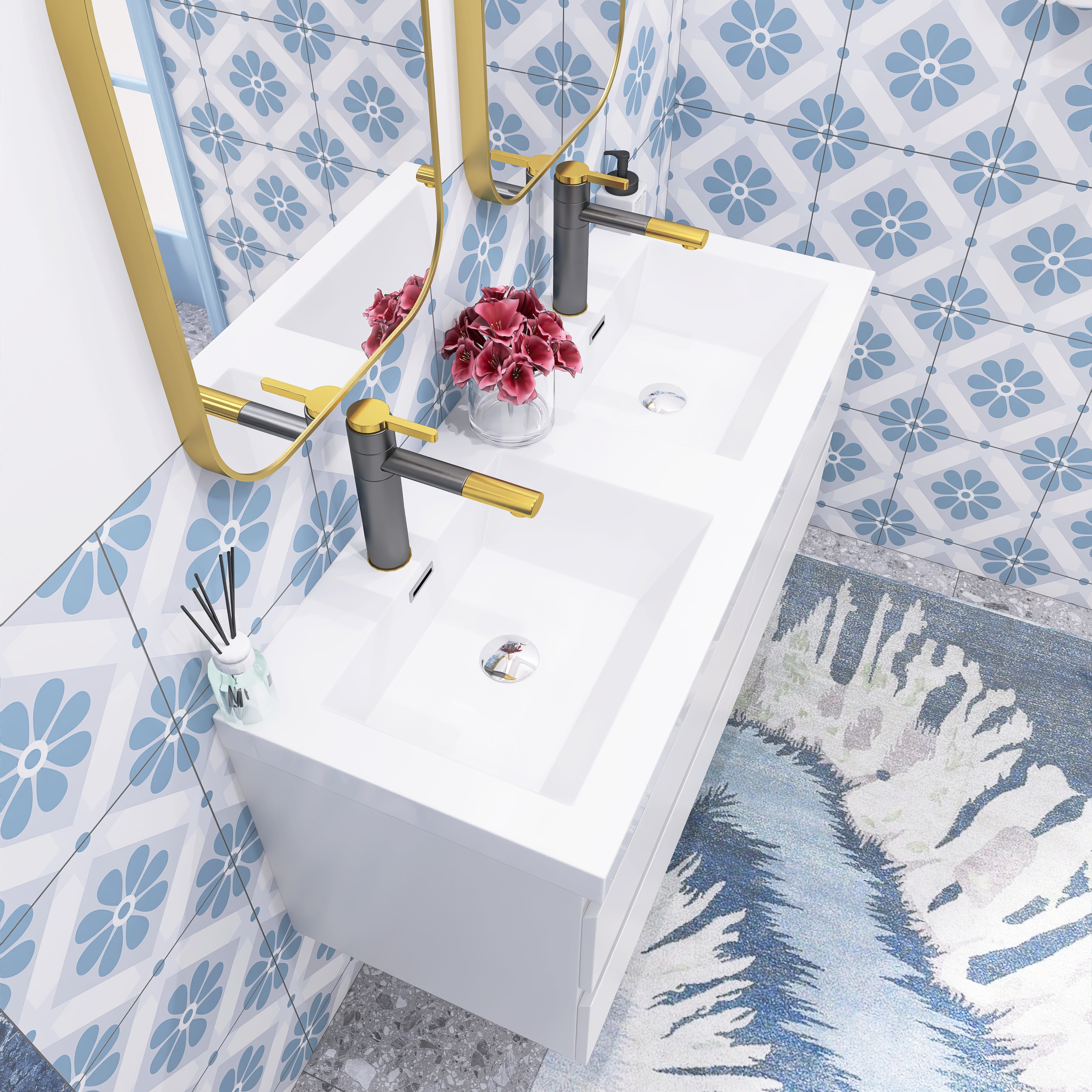 48 inch Wall Mounted Bathroom Vanity Set with Integrated Resin Sink with Drain