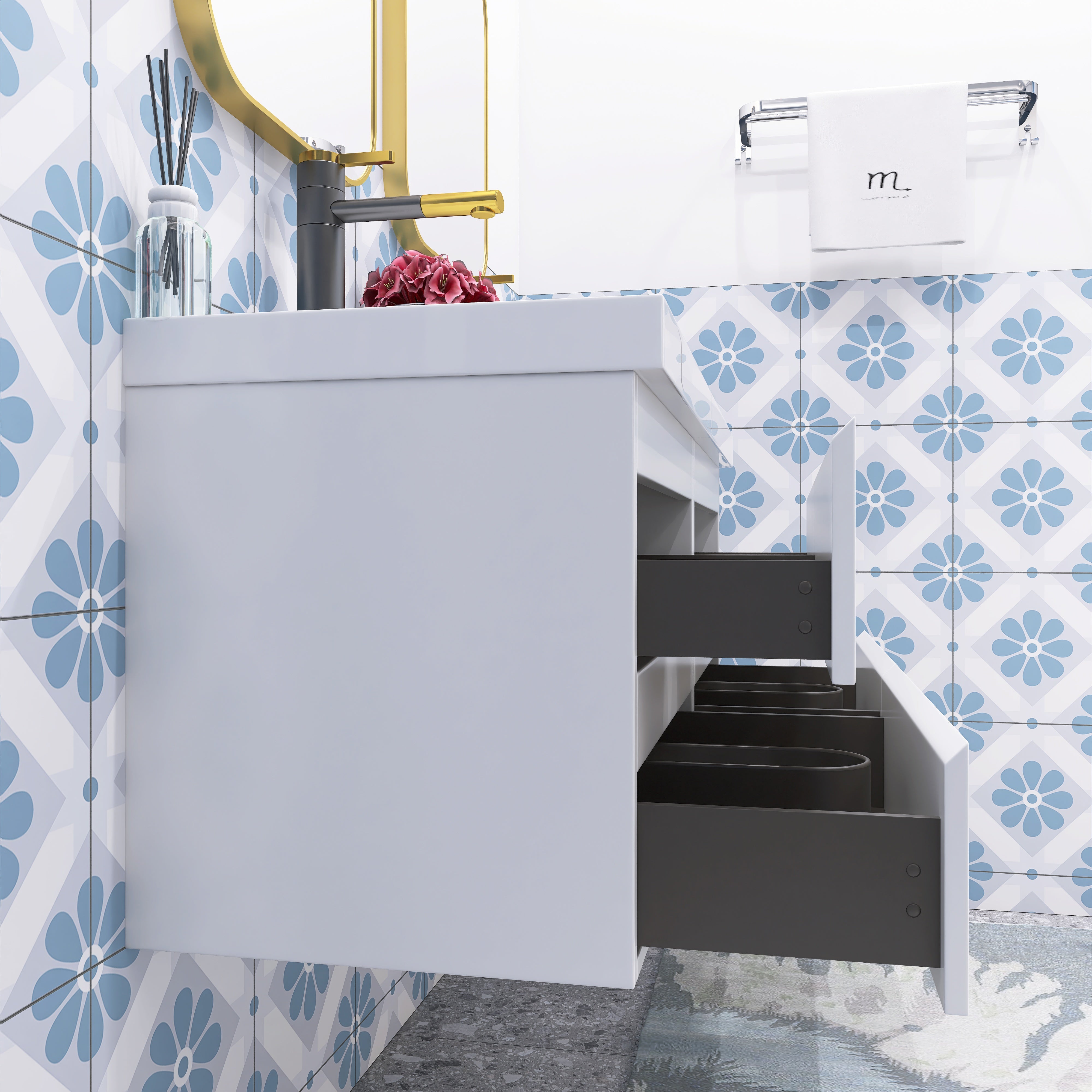 48 inch Wall Mounted Bathroom Vanity Set with Integrated Resin Sink with Drain