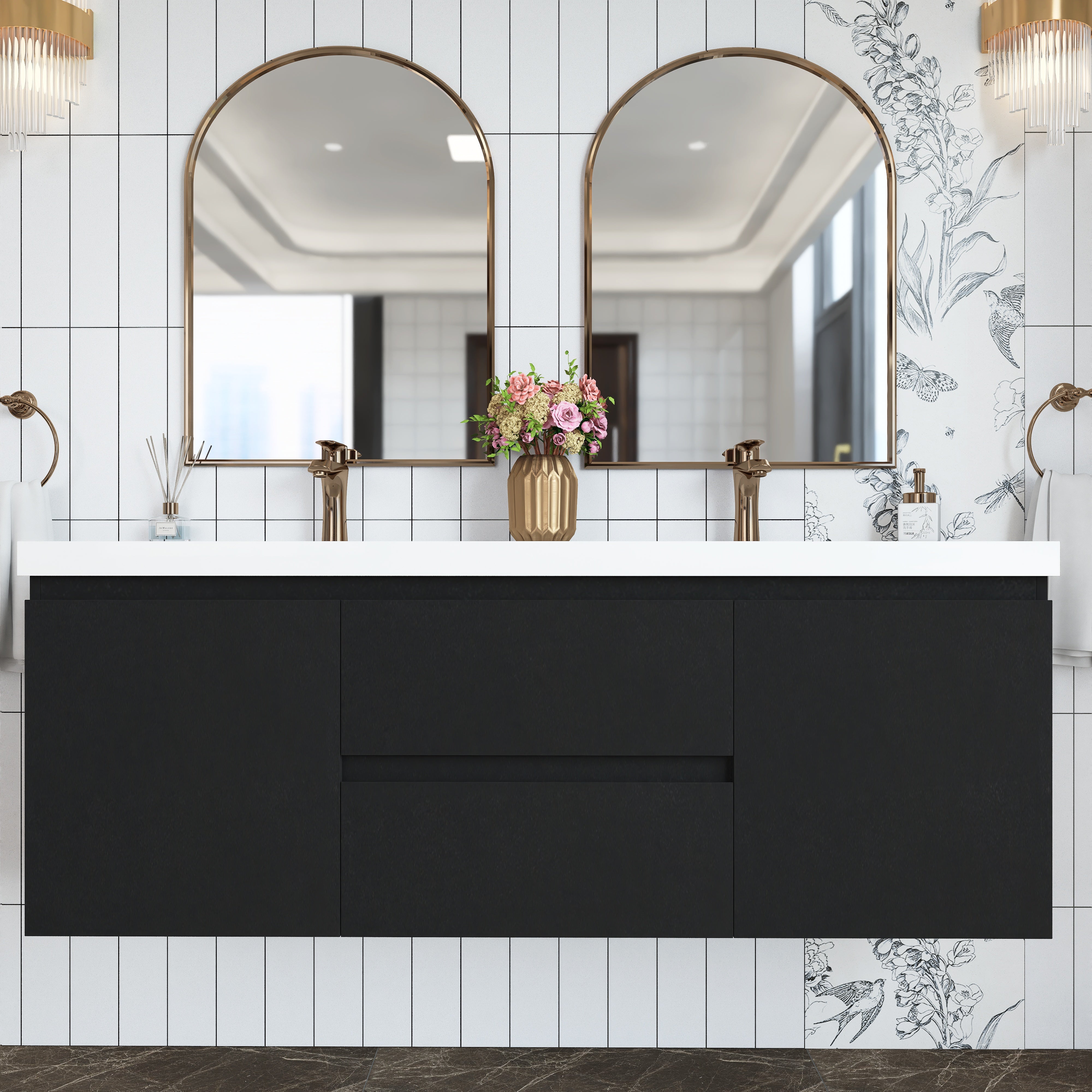 Wall Mounted Bathroom Vanity in Black with Cultured Marble Sink