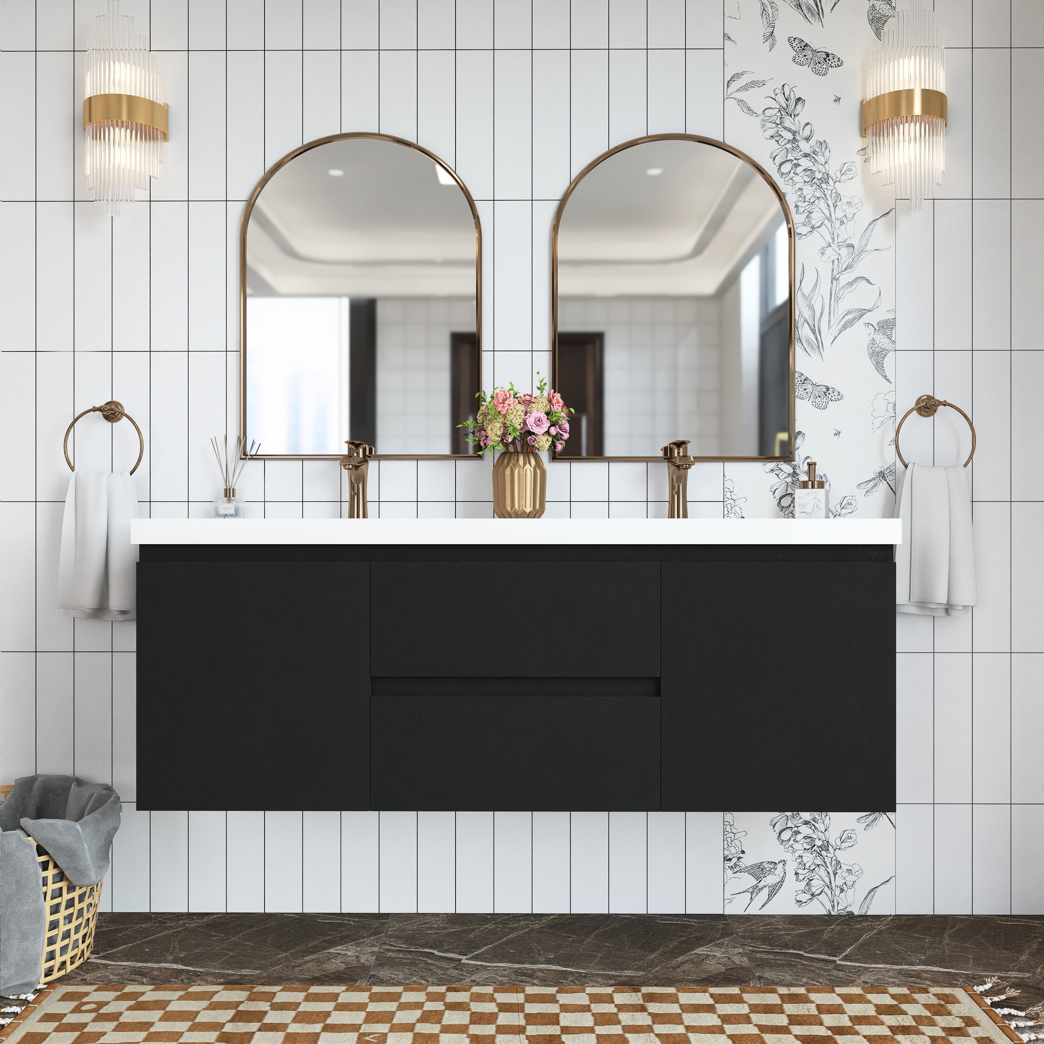 Wall Mounted Bathroom Vanity in Black with Cultured Marble Sink