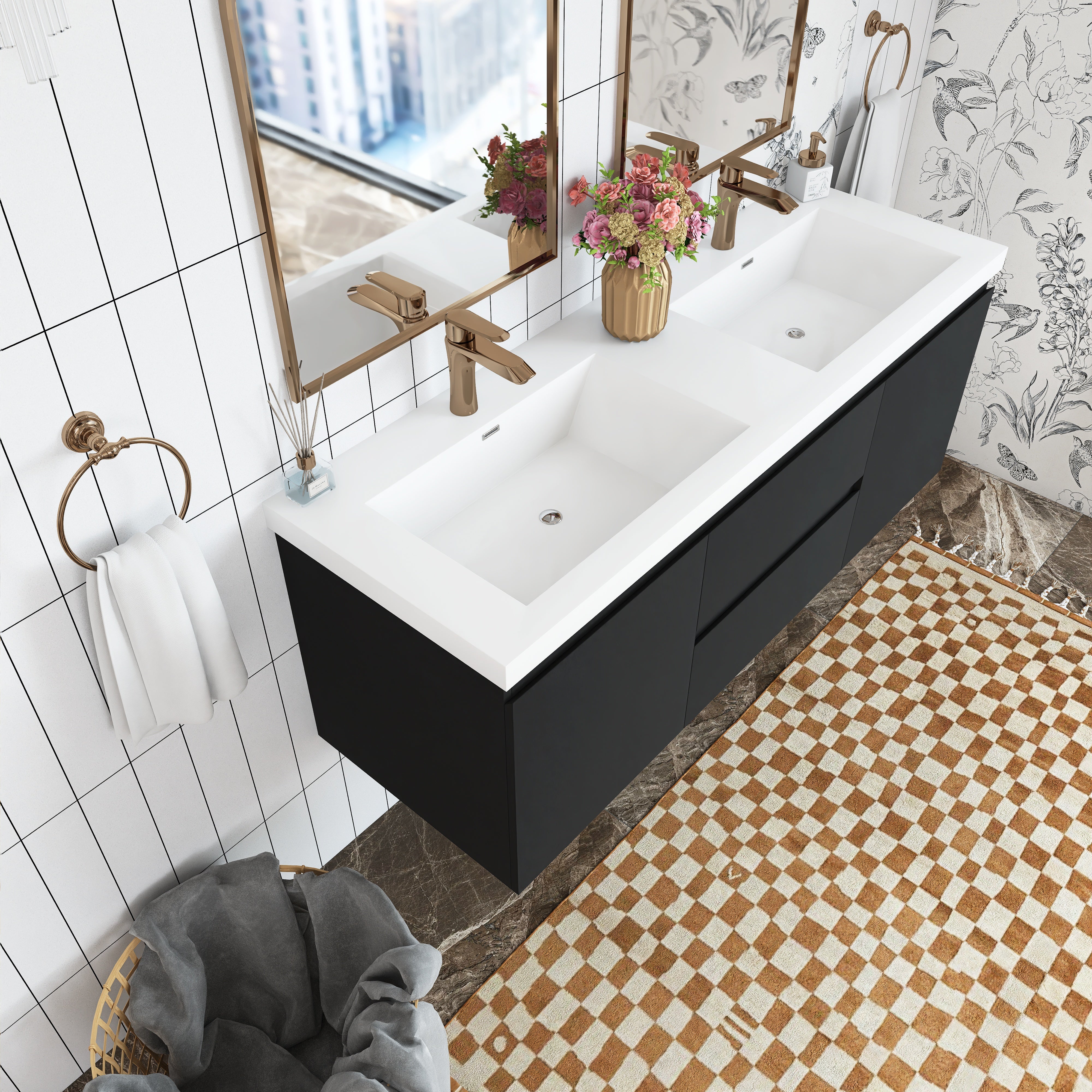 Wall Mounted Bathroom Vanity in Black with Cultured Marble Sink