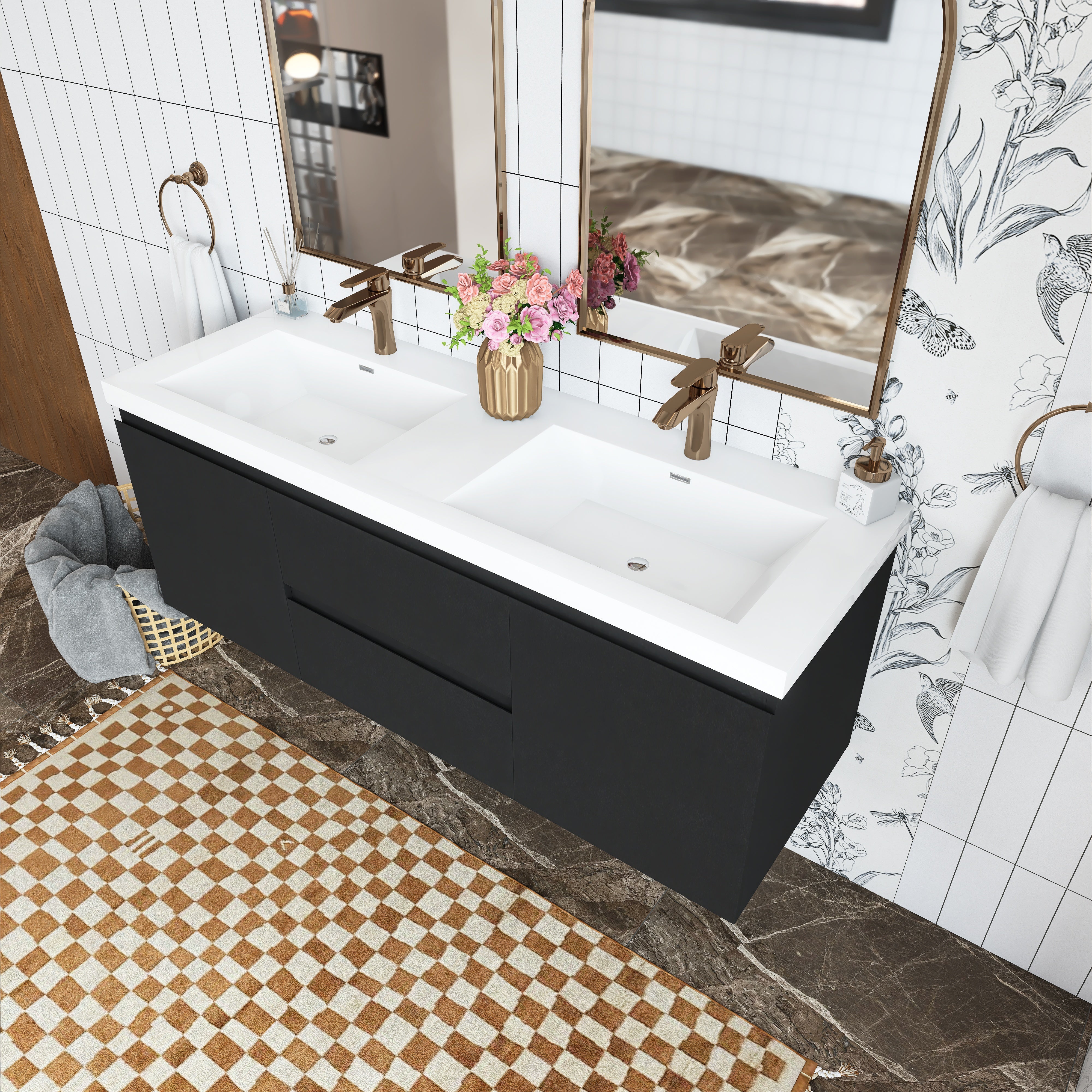 Wall Mounted Bathroom Vanity in Black with Cultured Marble Sink