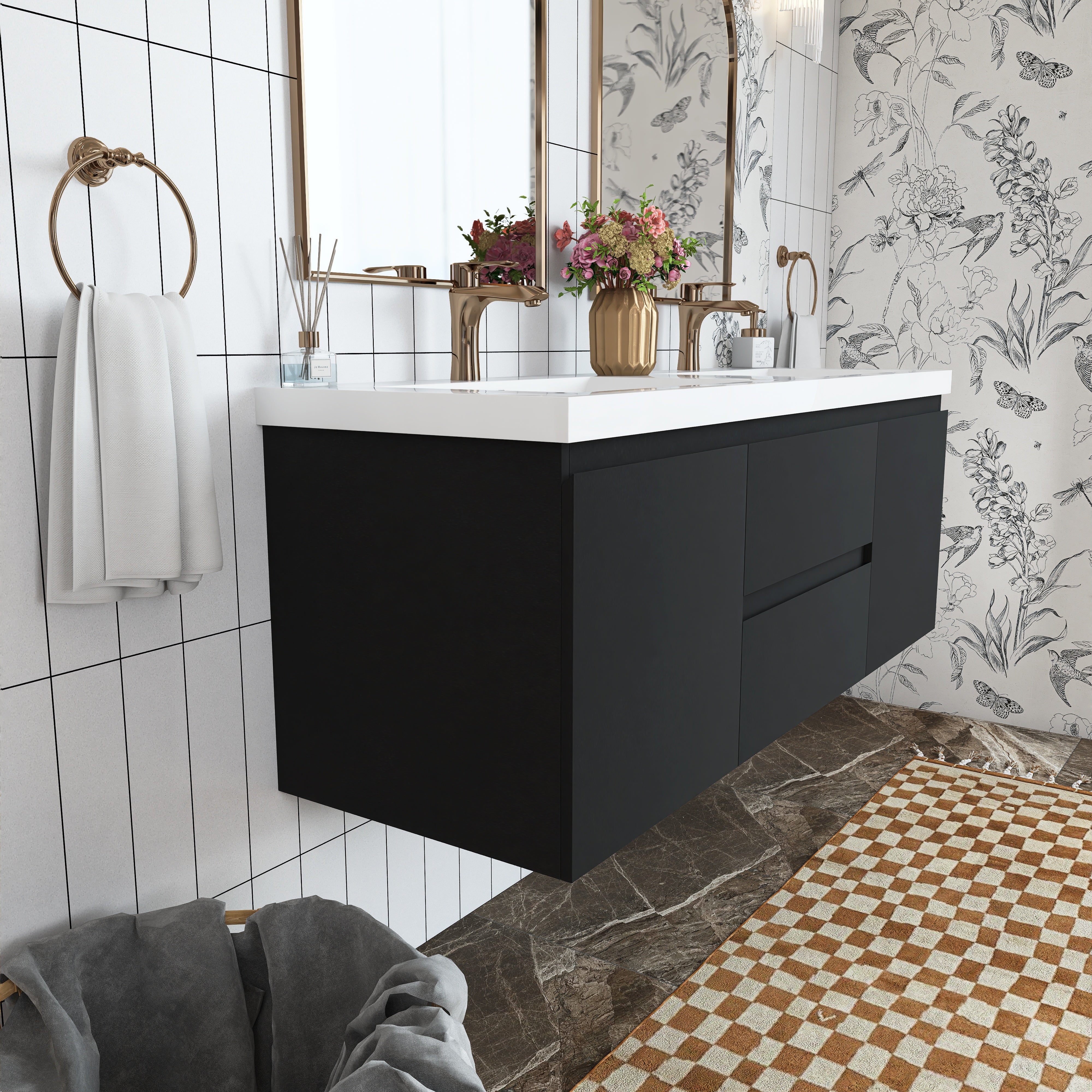 Wall Mounted Bathroom Vanity in Black with Cultured Marble Sink