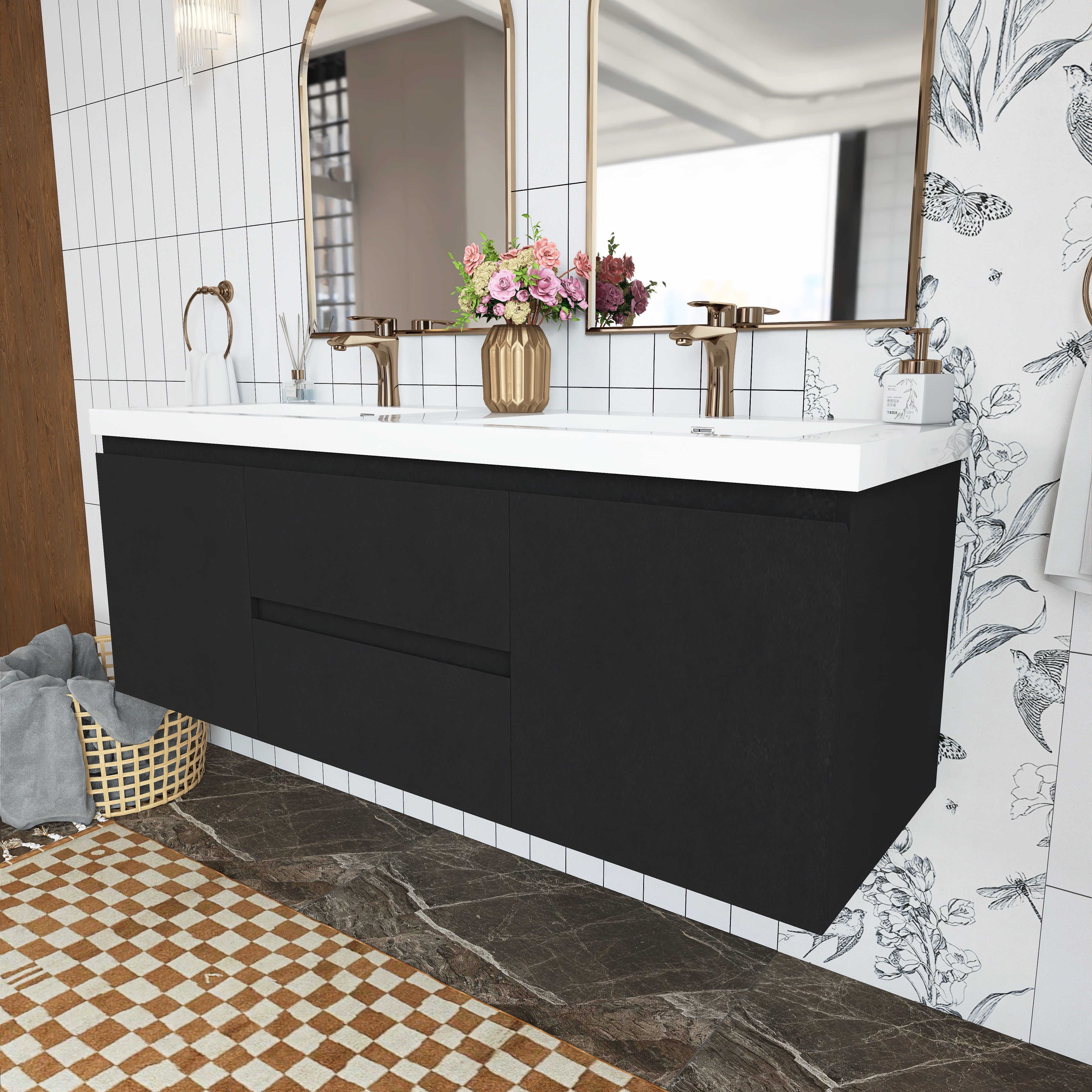 Wall Mounted Bathroom Vanity in Black with Cultured Marble Sink