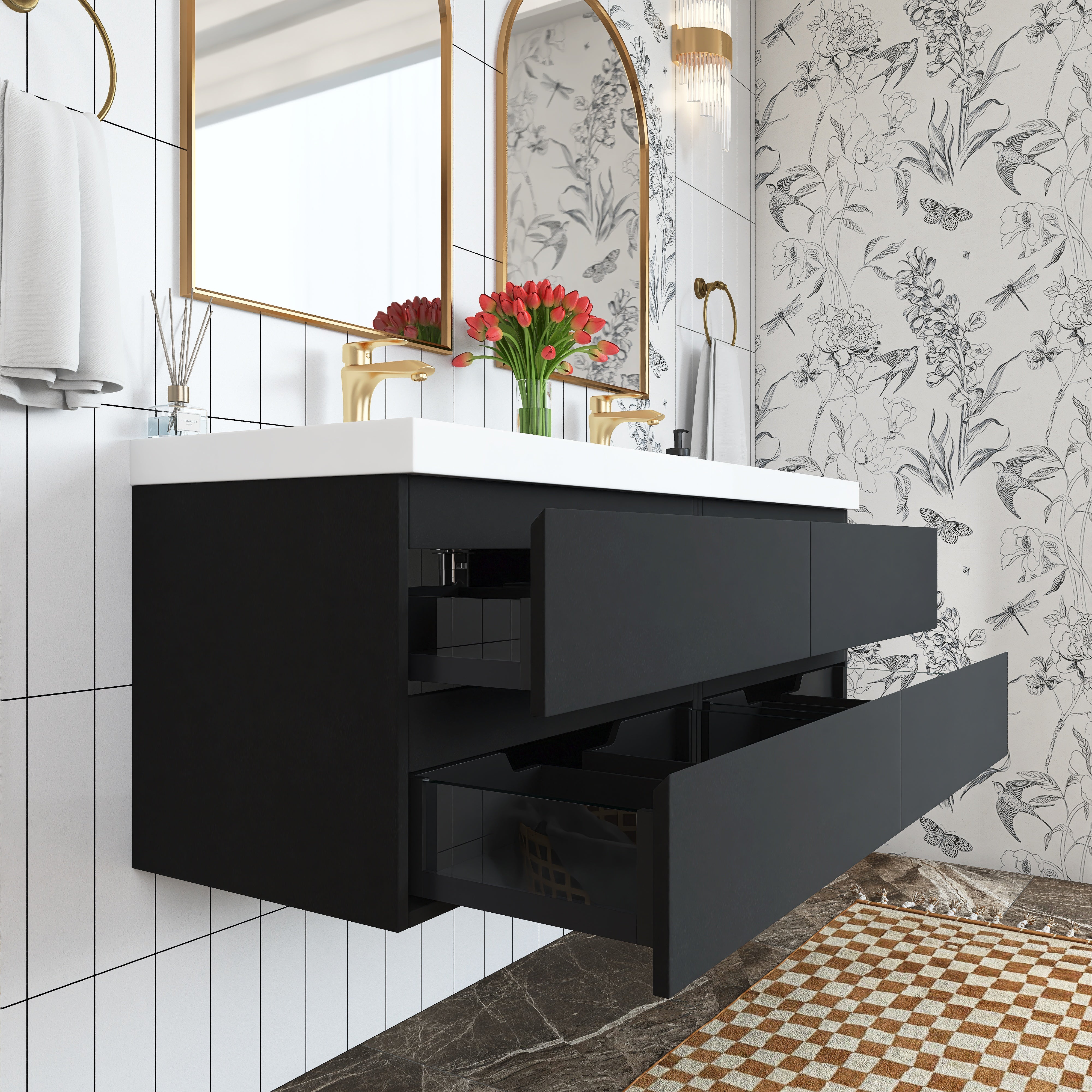 Wall Mounted Bathroom Vanity with Soft-closing Drawers with Cultured Marble Double Sink