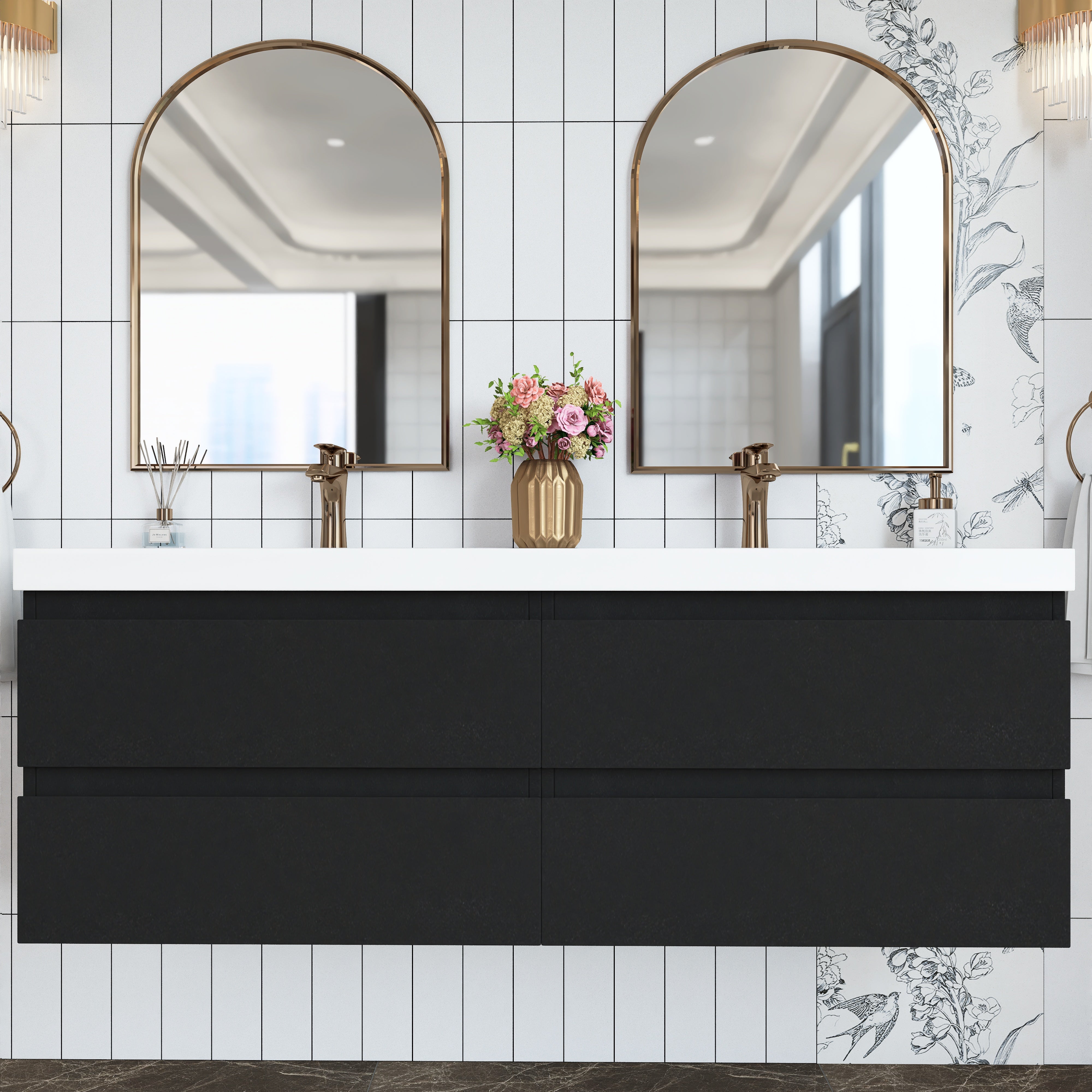 Wall Mounted Bathroom Vanity with Soft-closing Drawers with Cultured Marble Double Sink