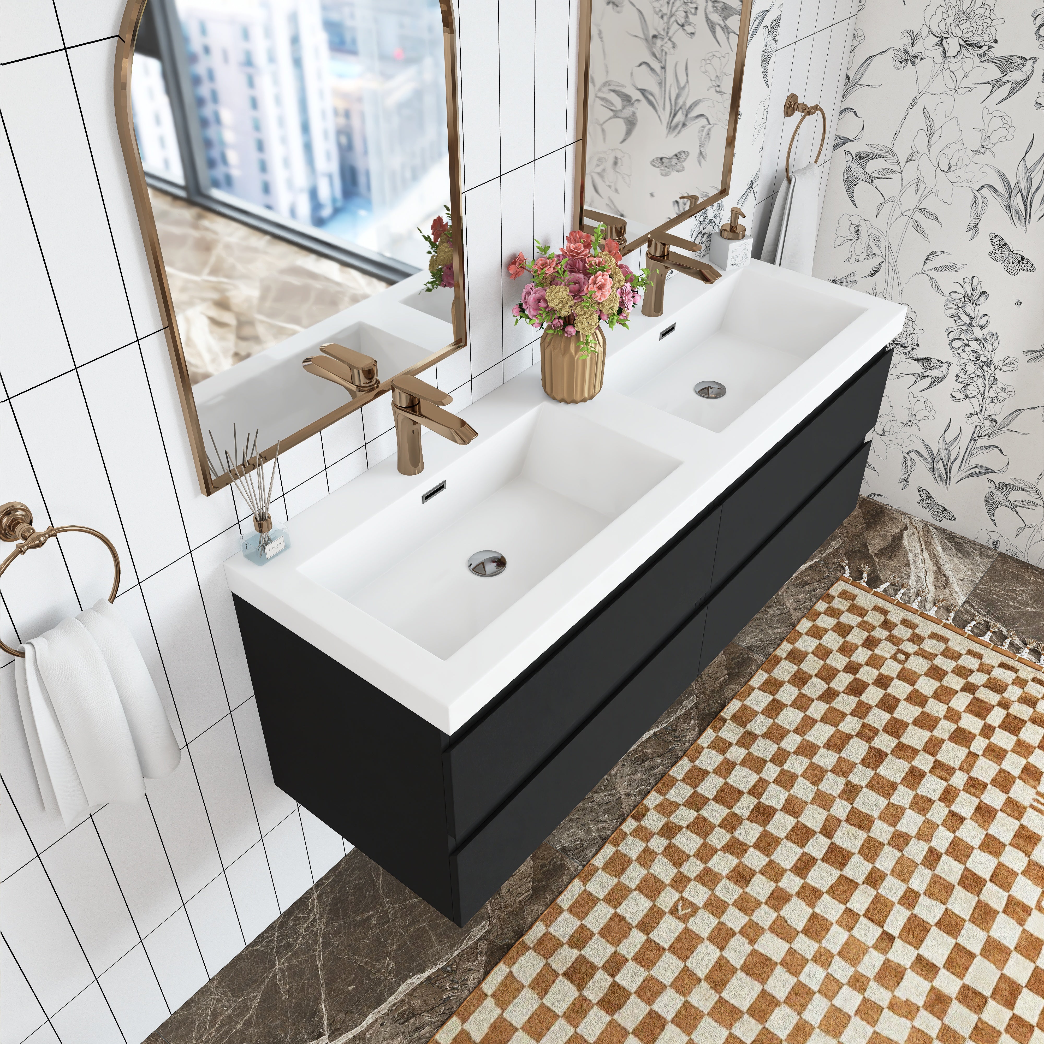 Wall Mounted Bathroom Vanity with Soft-closing Drawers with Cultured Marble Double Sink