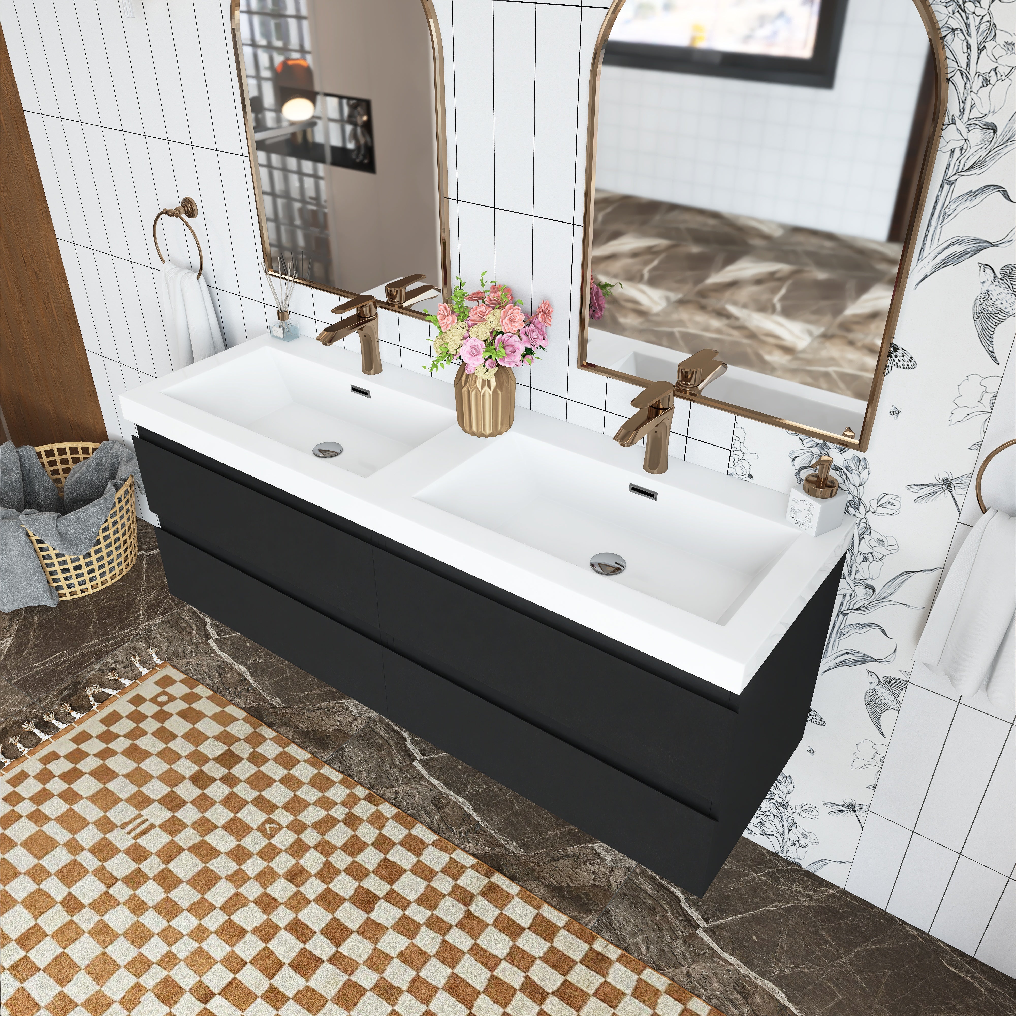 Wall Mounted Bathroom Vanity with Soft-closing Drawers with Cultured Marble Double Sink