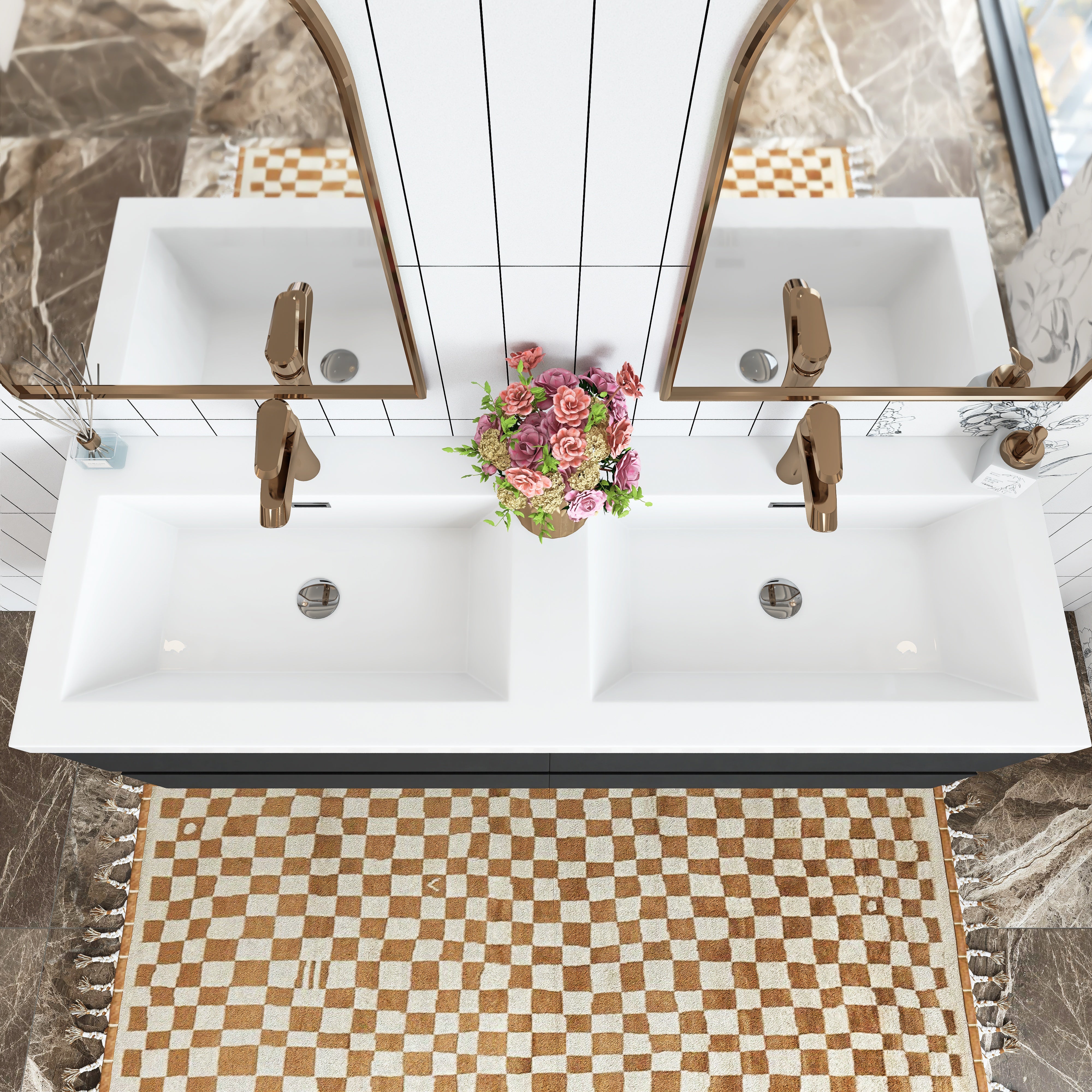 Wall Mounted Bathroom Vanity with Soft-closing Drawers with Cultured Marble Double Sink