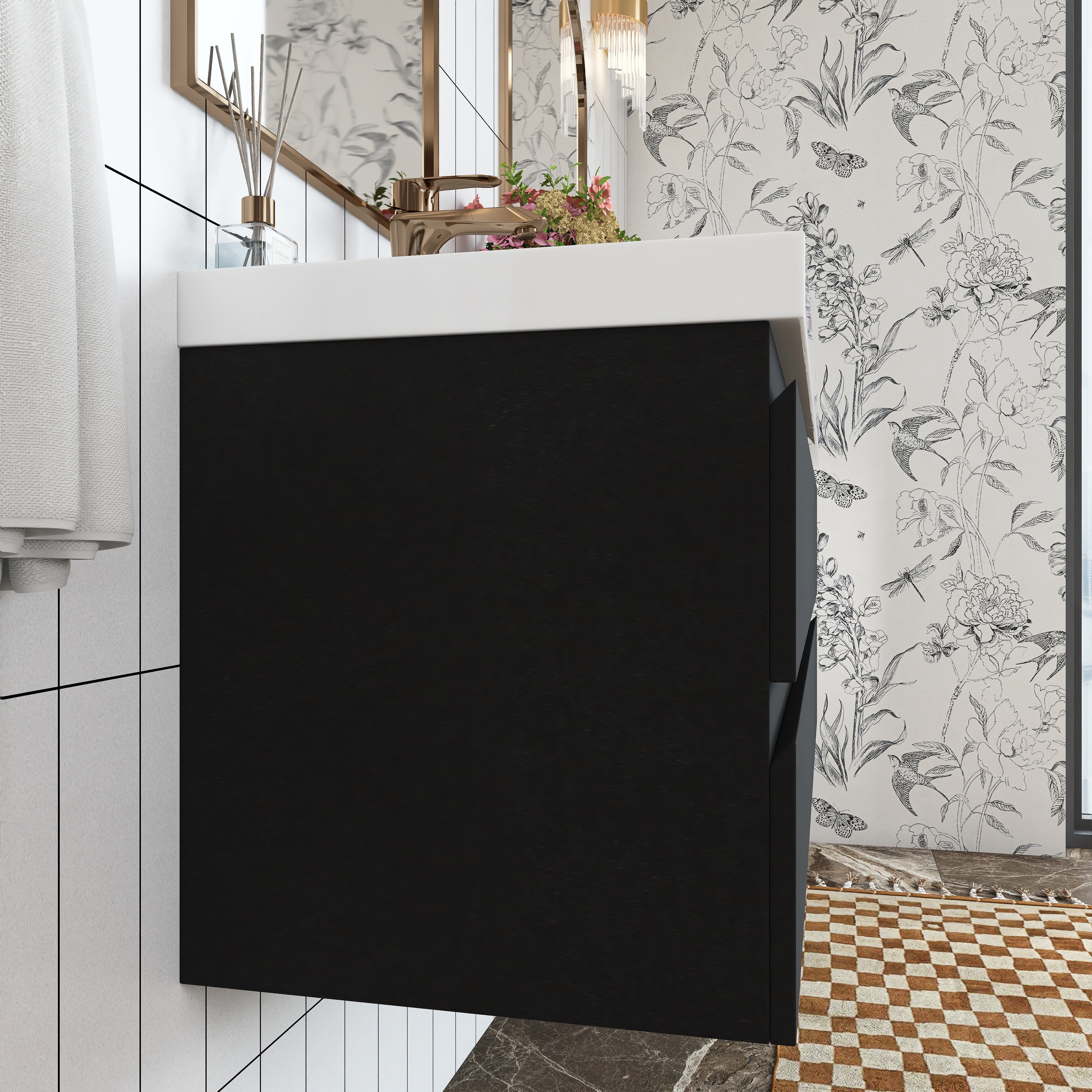 Wall Mounted Bathroom Vanity with Soft-closing Drawers with Cultured Marble Double Sink