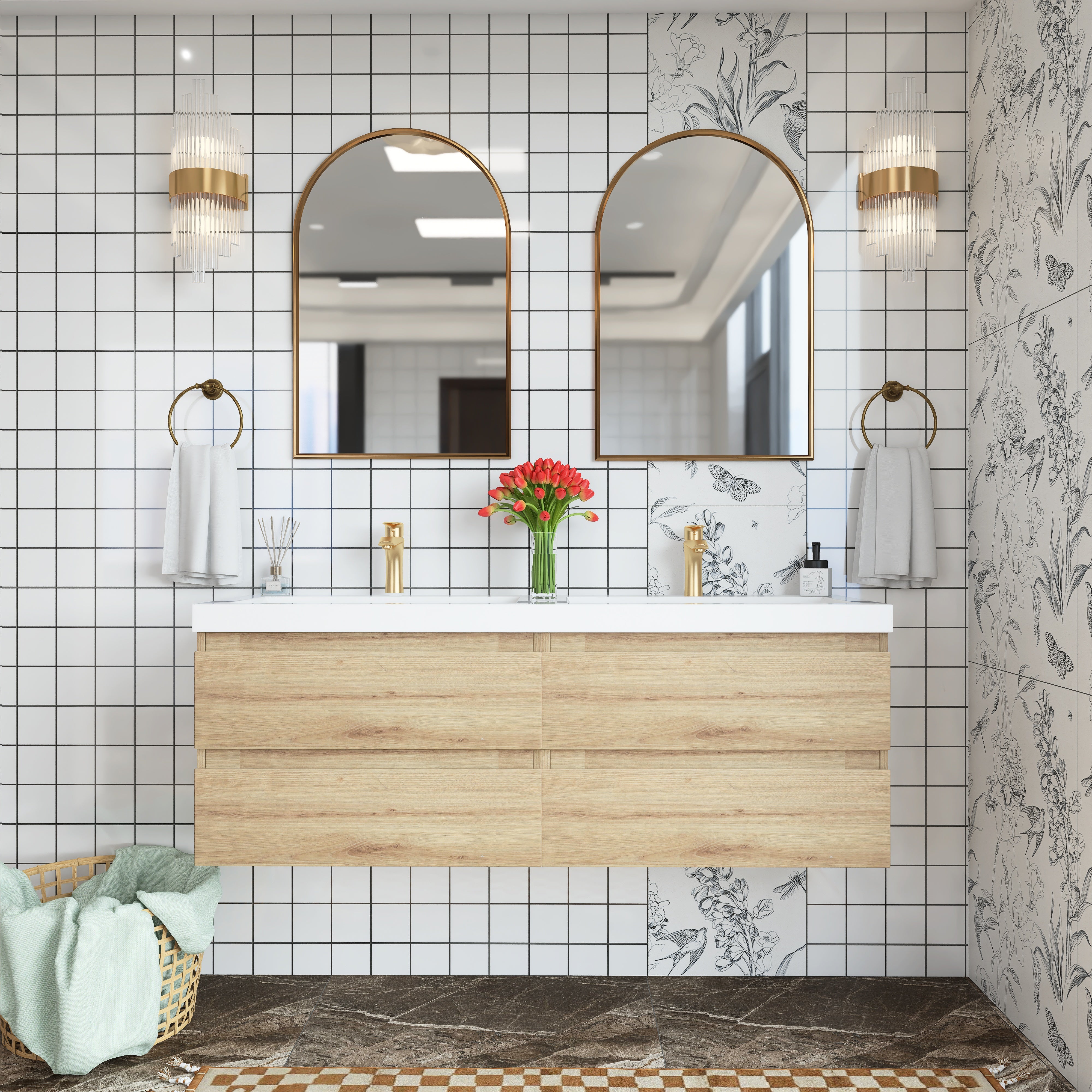 Wall Mounted Bathroom Vanity with Soft-closing Drawers with Cultured Marble Double Sink