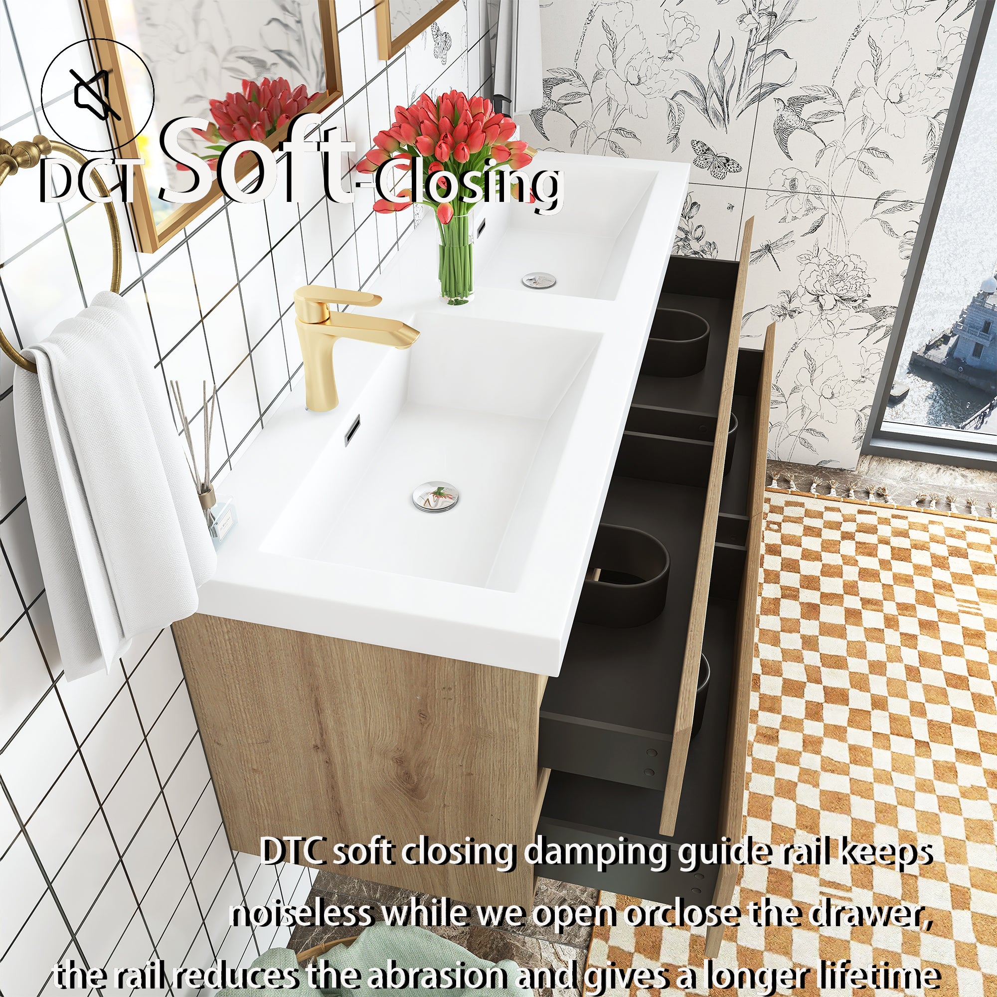 Wall Mounted Bathroom Vanity with Soft-closing Drawers with Cultured Marble Double Sink