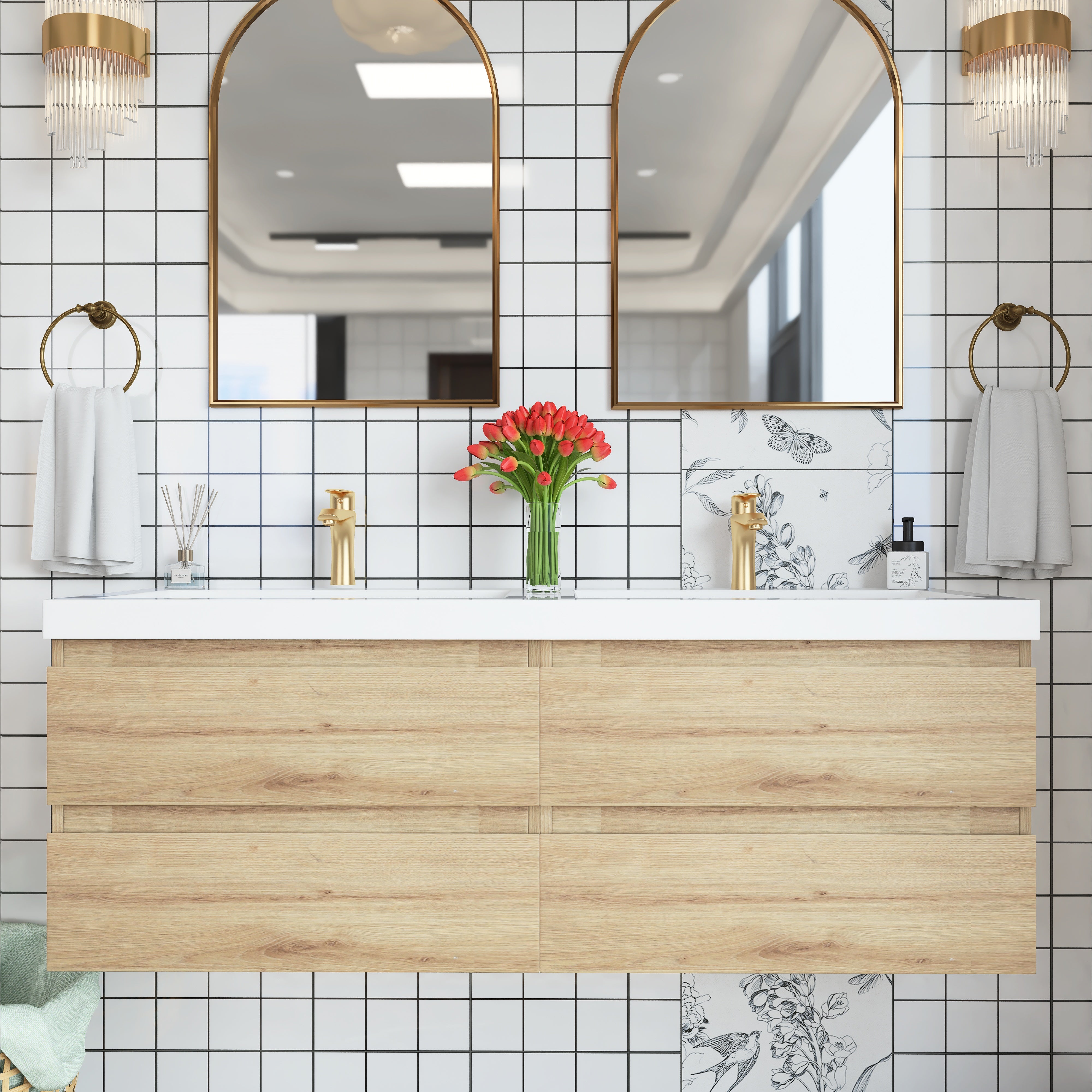 Wall Mounted Bathroom Vanity with Soft-closing Drawers with Cultured Marble Double Sink