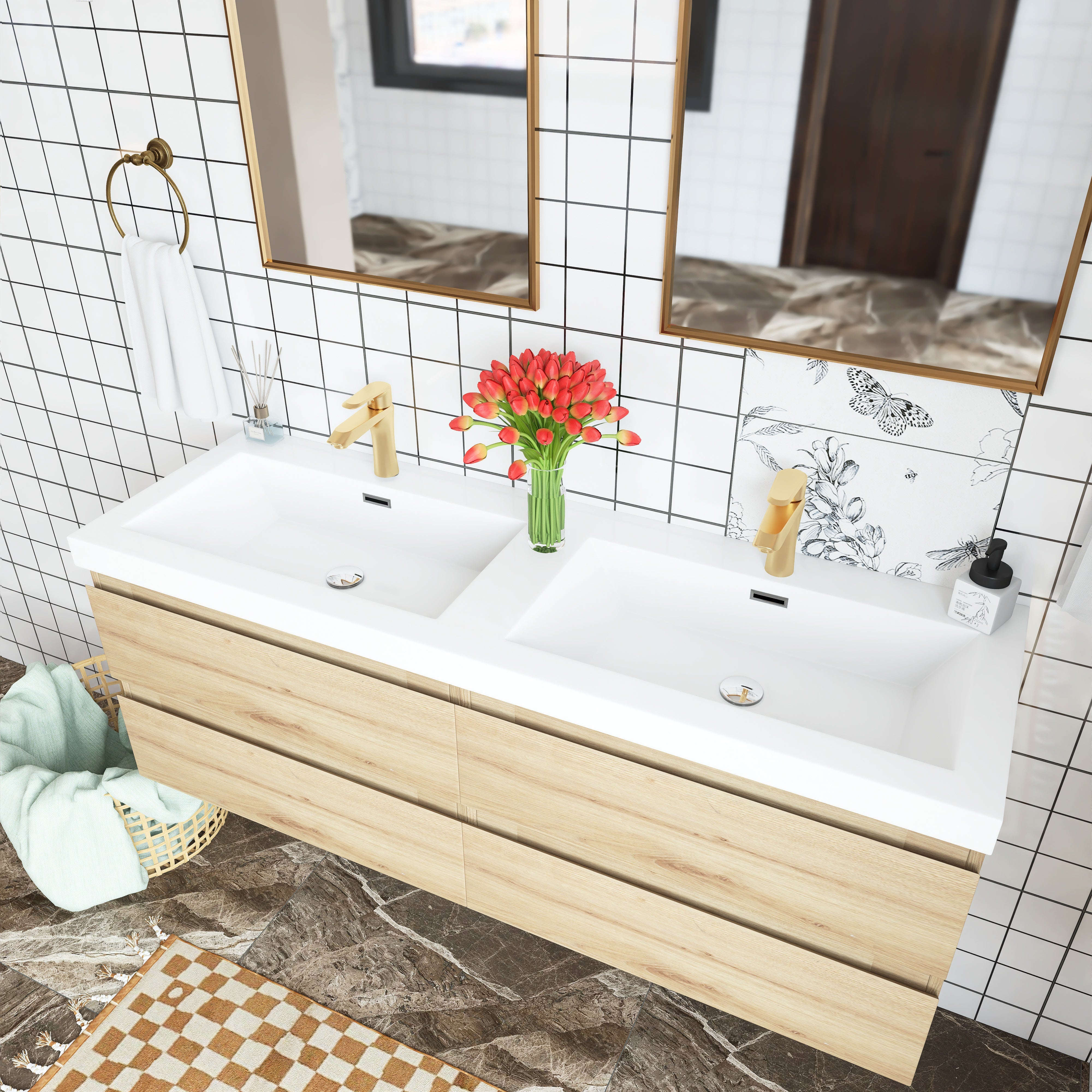 Wall Mounted Bathroom Vanity with Soft-closing Drawers with Cultured Marble Double Sink