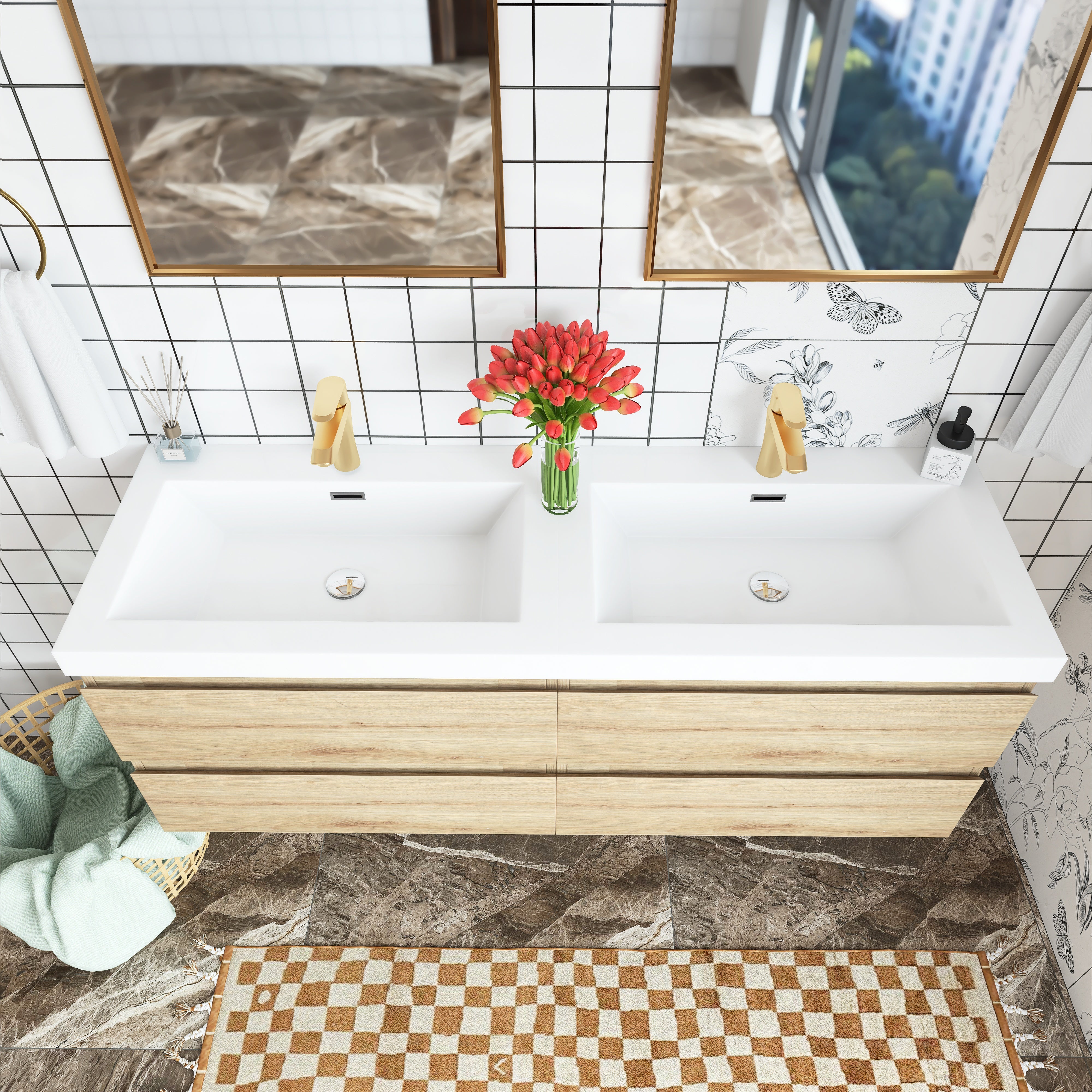 Wall Mounted Bathroom Vanity with Soft-closing Drawers with Cultured Marble Double Sink